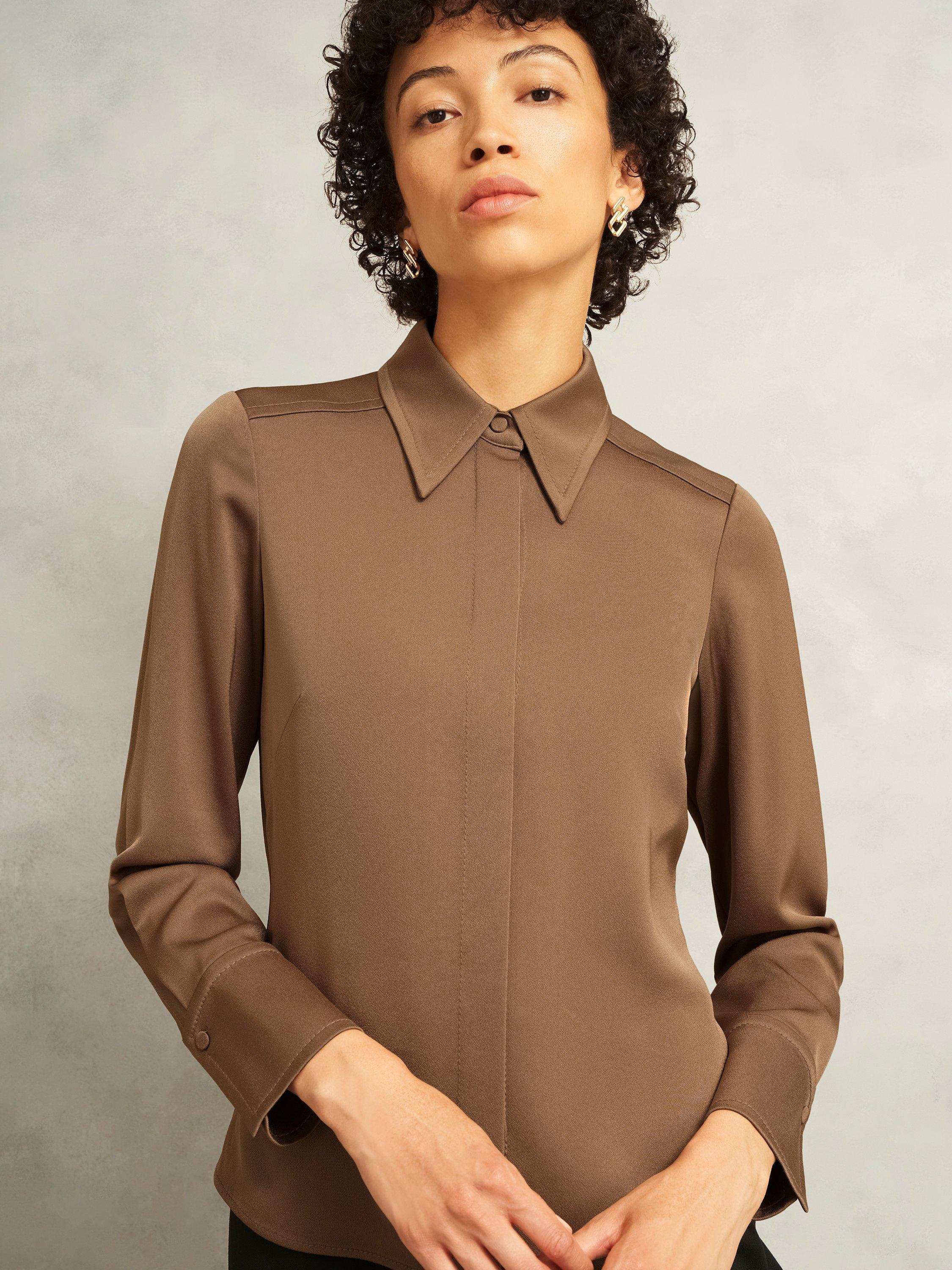 Product image 3 of 7, which shows Hobbs Gresham Satin Long Sleeve Shirt, Camel, 10