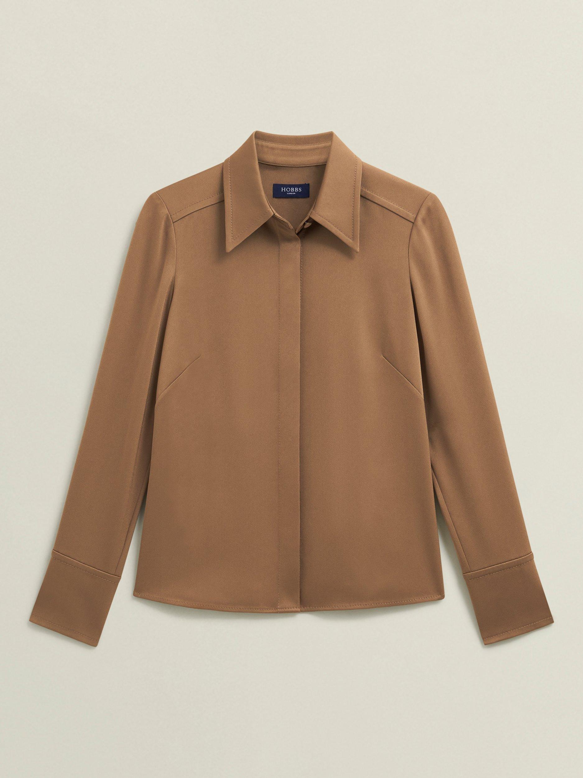 Product image 4 of 7, which shows Hobbs Gresham Satin Long Sleeve Shirt, Camel, 10