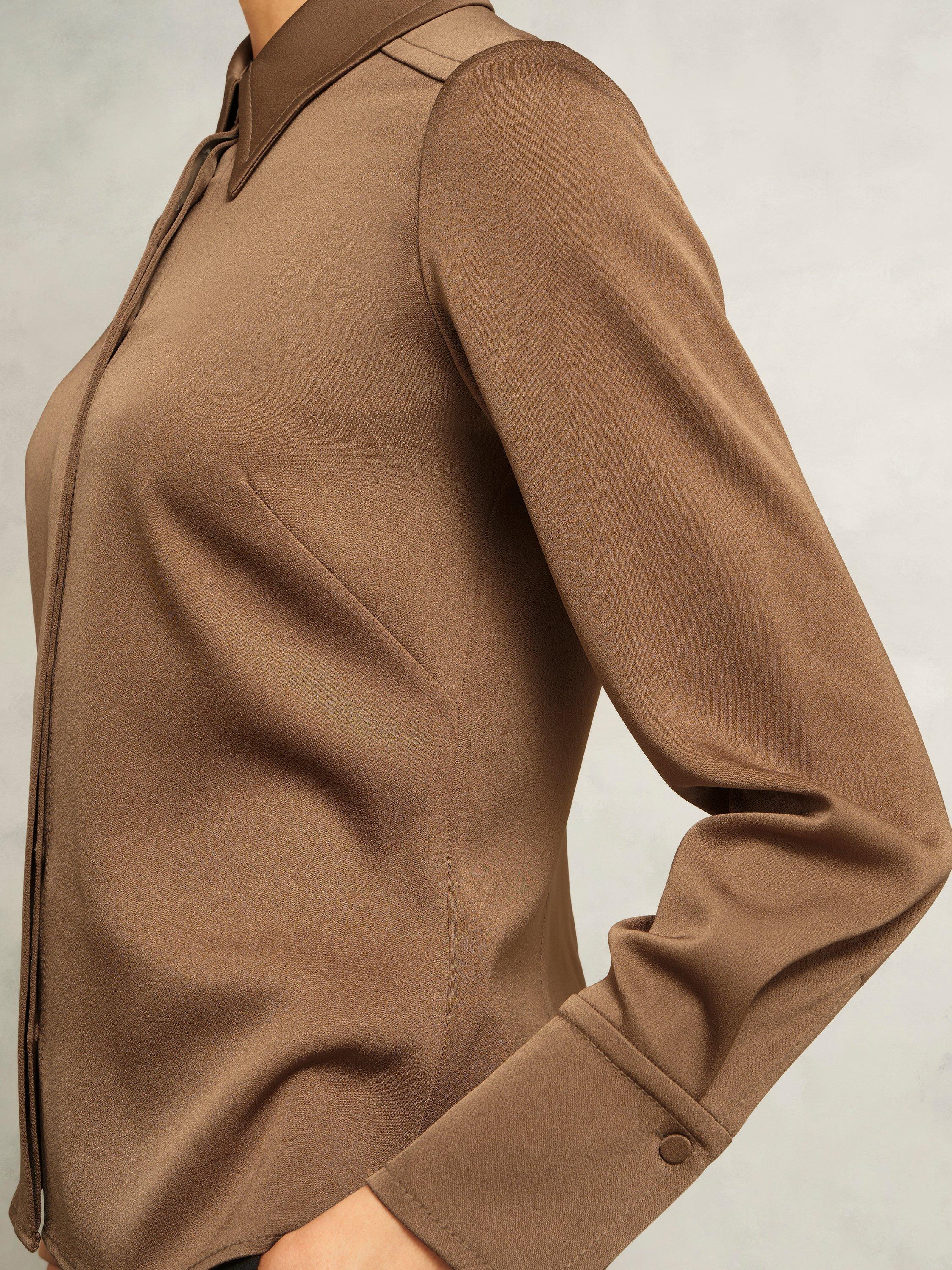 Product image 6 of 7, which shows Hobbs Gresham Satin Long Sleeve Shirt, Camel, 10