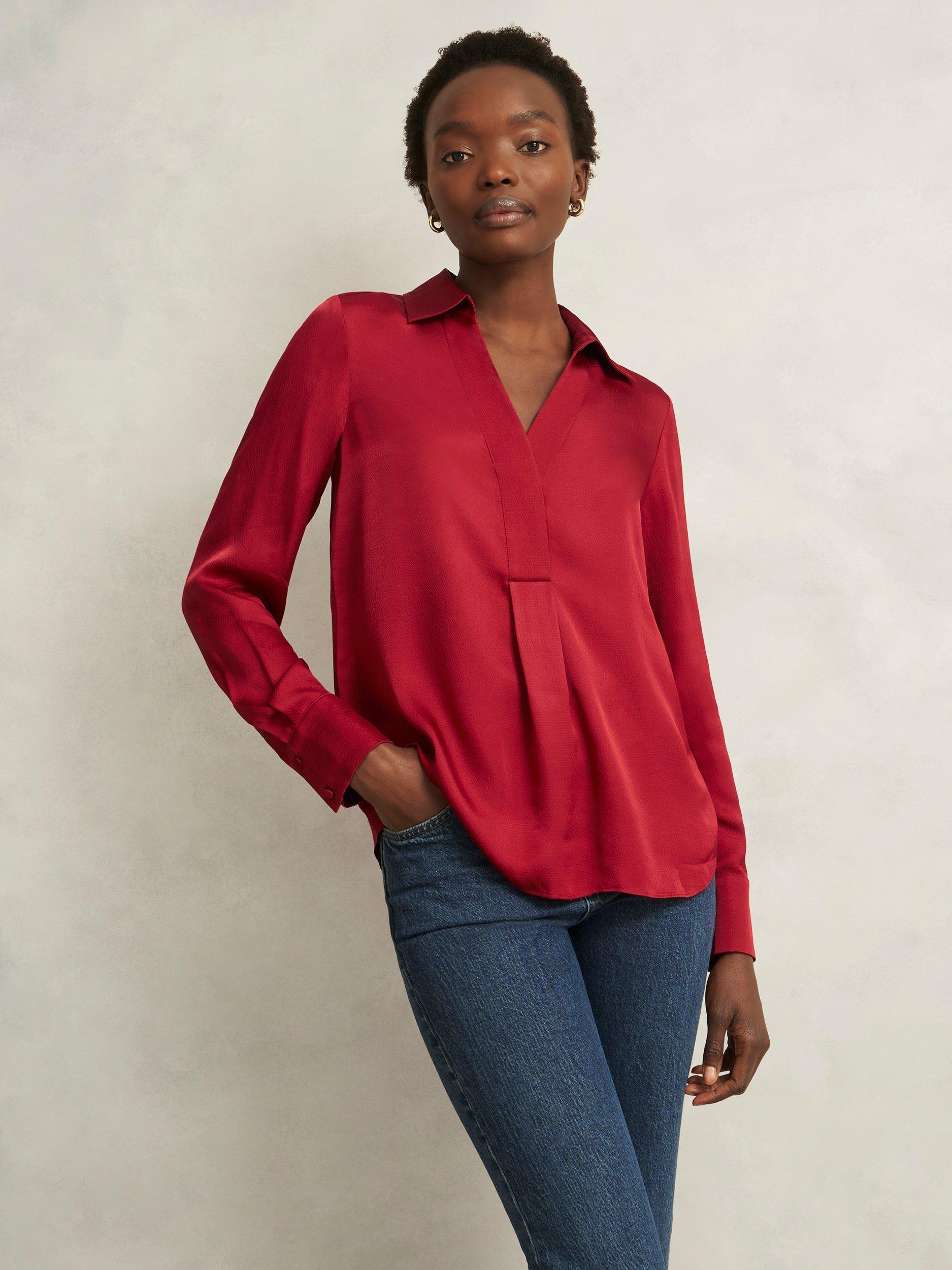 Product image 1 of 5, which shows Hobbs Marie Hammered Satin Top, Pomegranate Red, 10