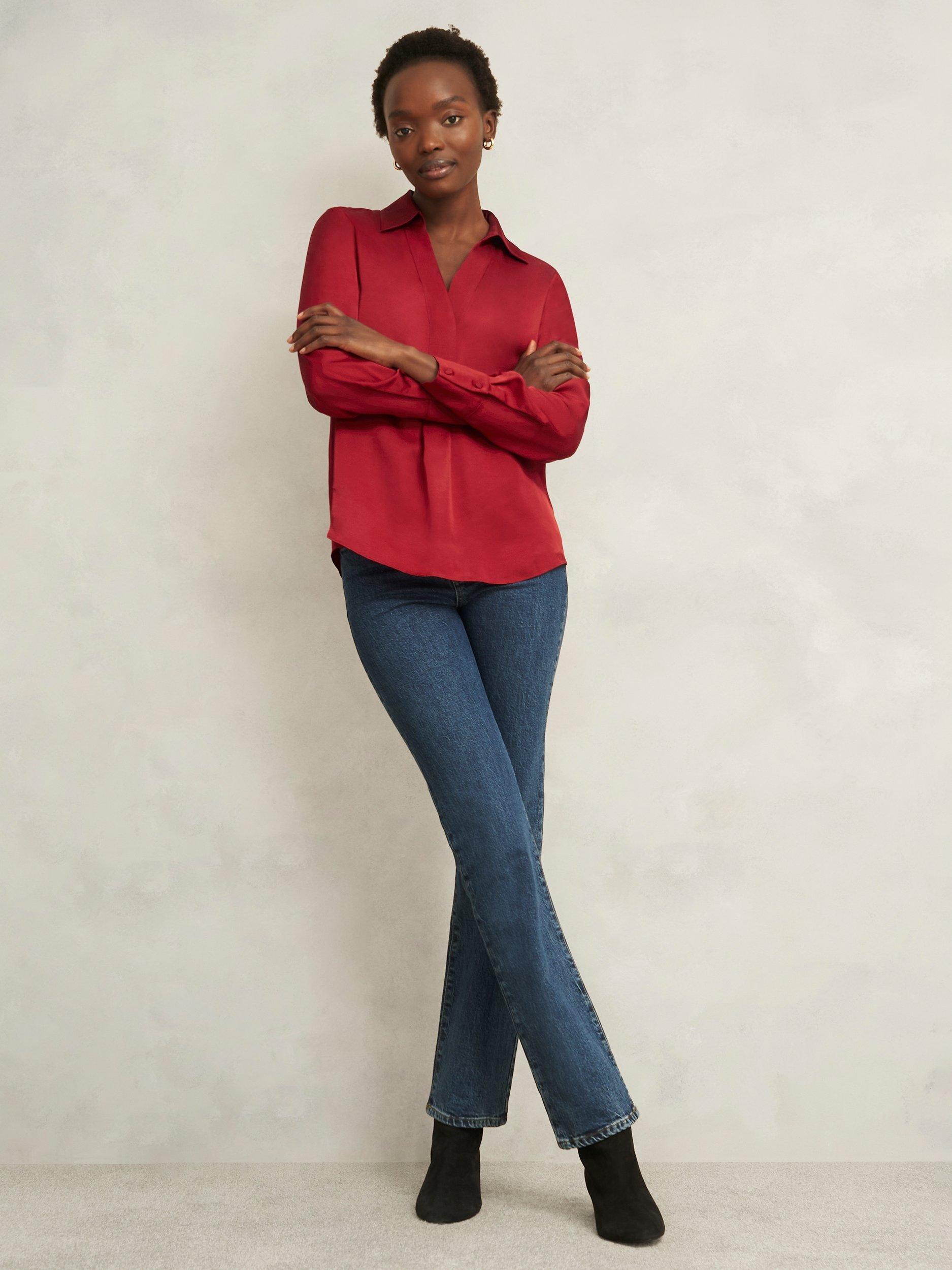 Product image 5 of 5, which shows Hobbs Marie Hammered Satin Top, Pomegranate Red, 10