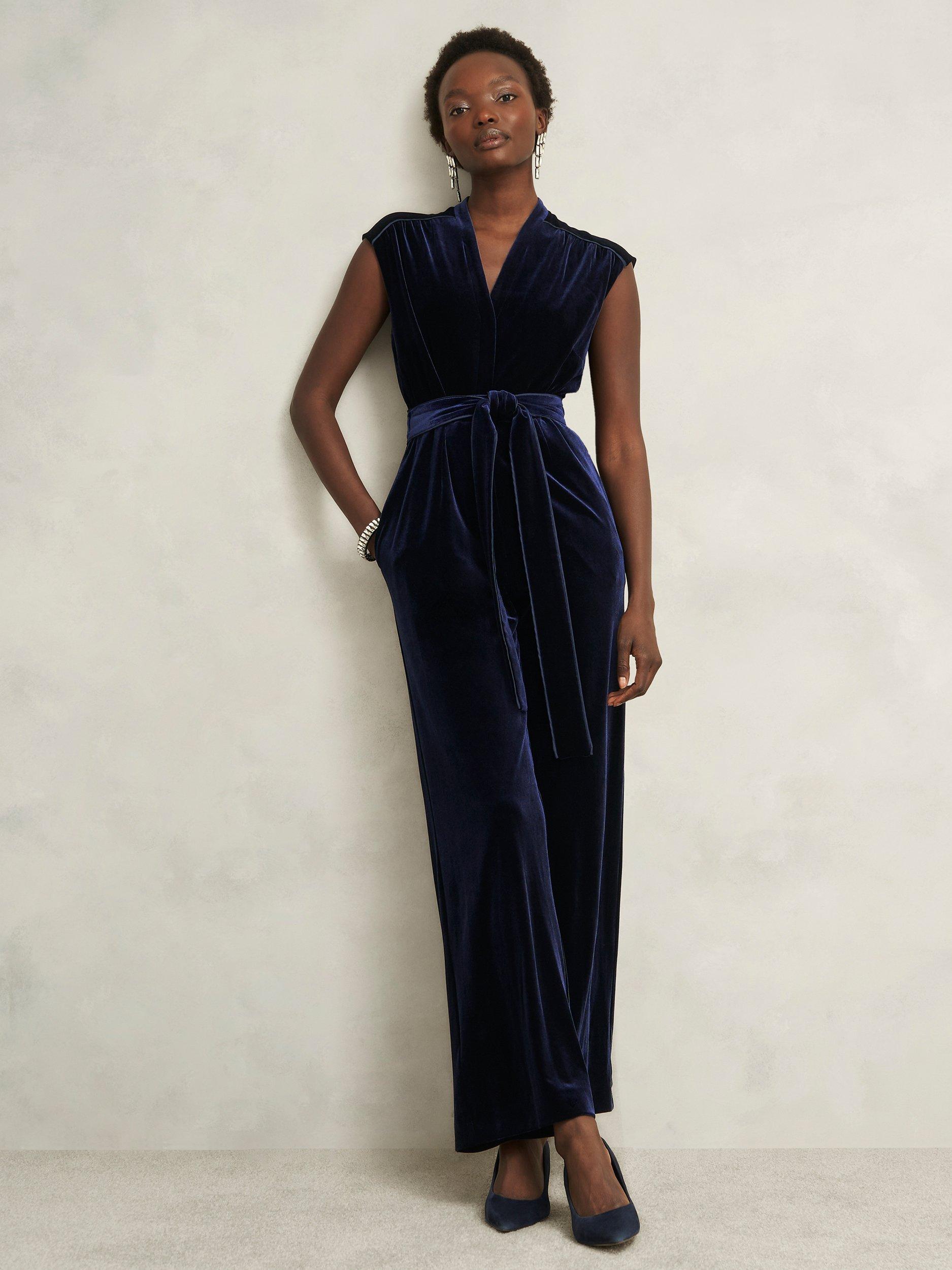 Product image 1 of 7, which shows Hobbs Olive Velvet Jumpsuit, Midnight Navy, 10