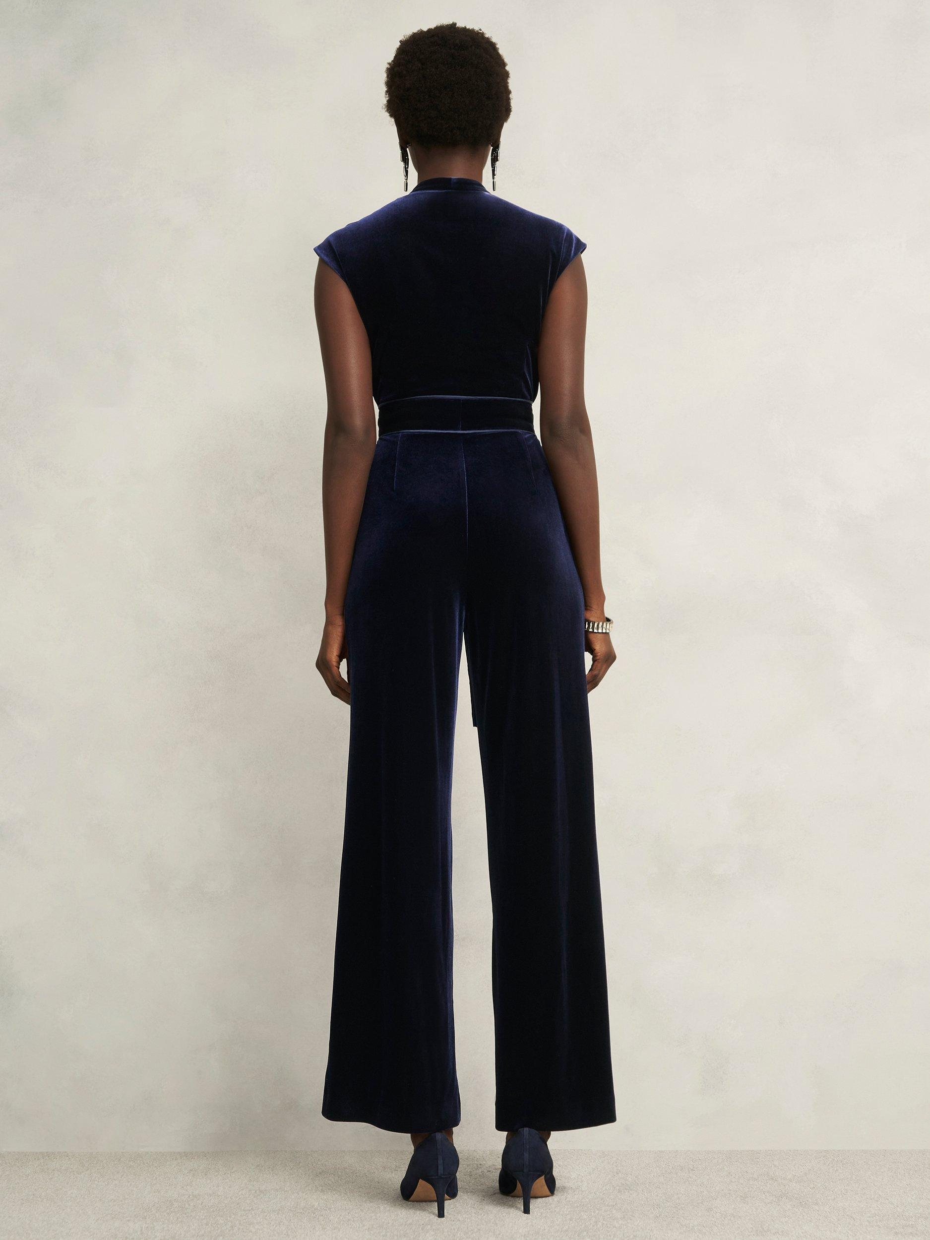 Product image 2 of 7, which shows Hobbs Olive Velvet Jumpsuit, Midnight Navy, 10