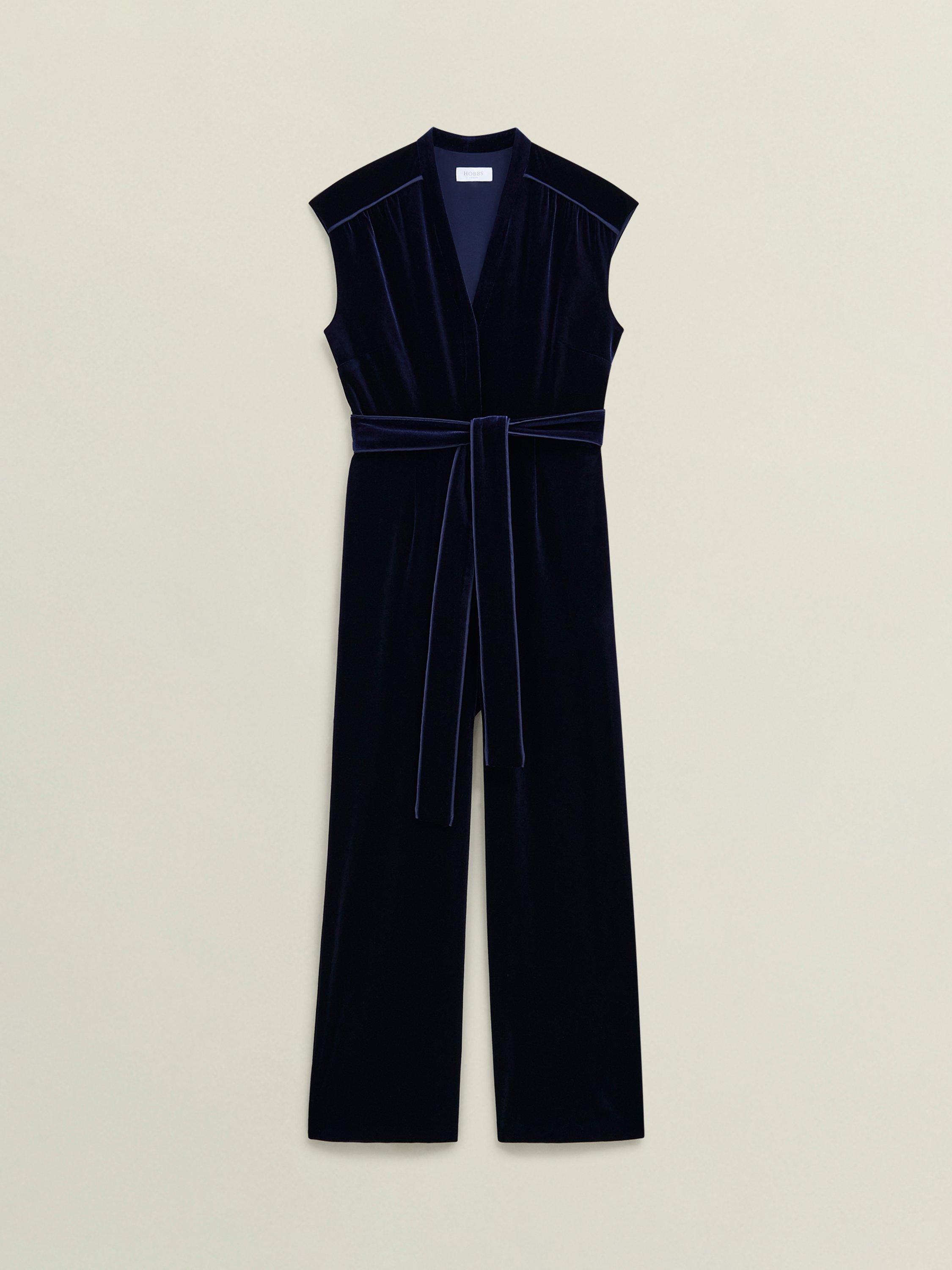 Product image 4 of 7, which shows Hobbs Olive Velvet Jumpsuit, Midnight Navy, 10