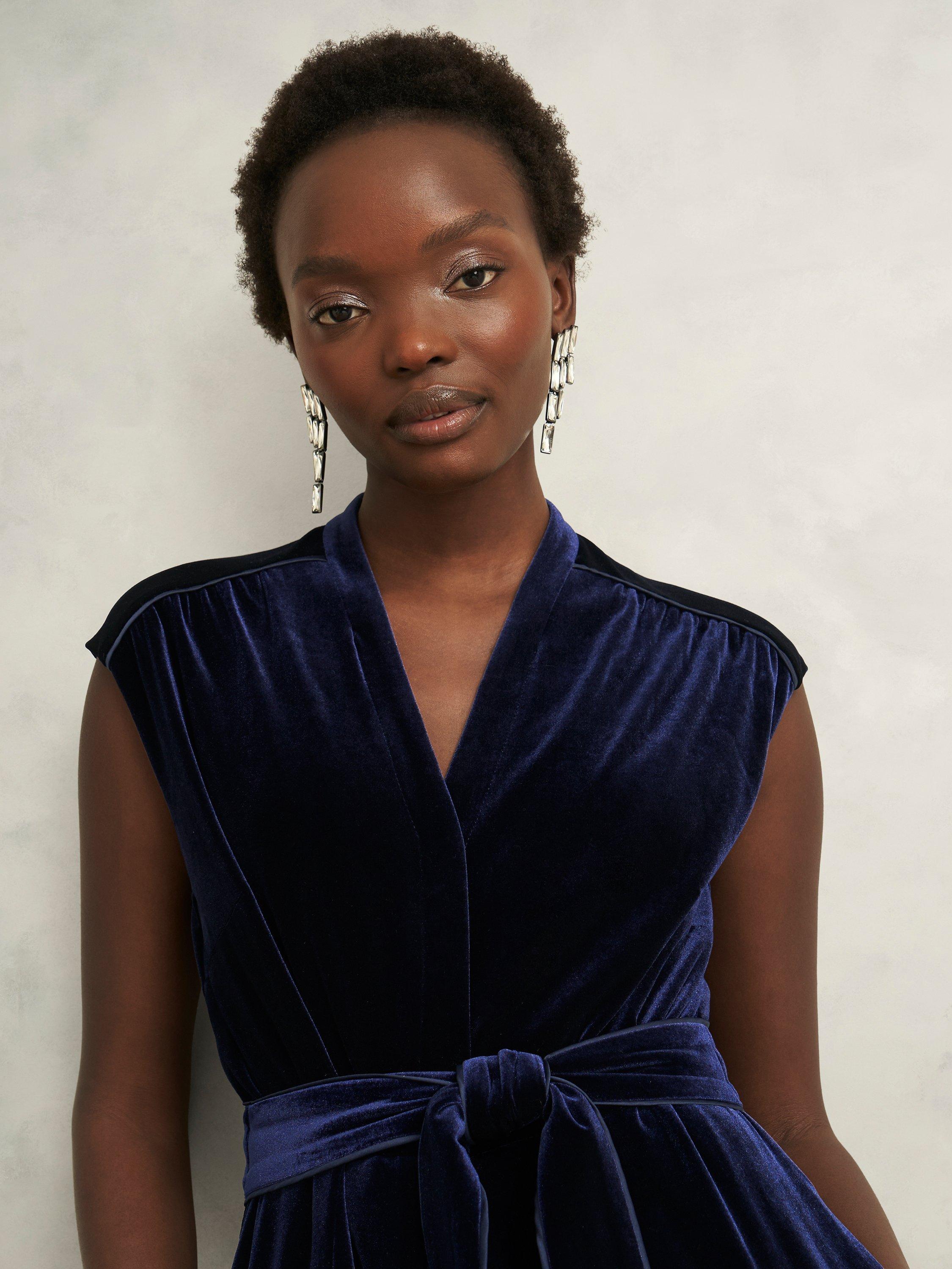 Product image 5 of 7, which shows Hobbs Olive Velvet Jumpsuit, Midnight Navy, 10