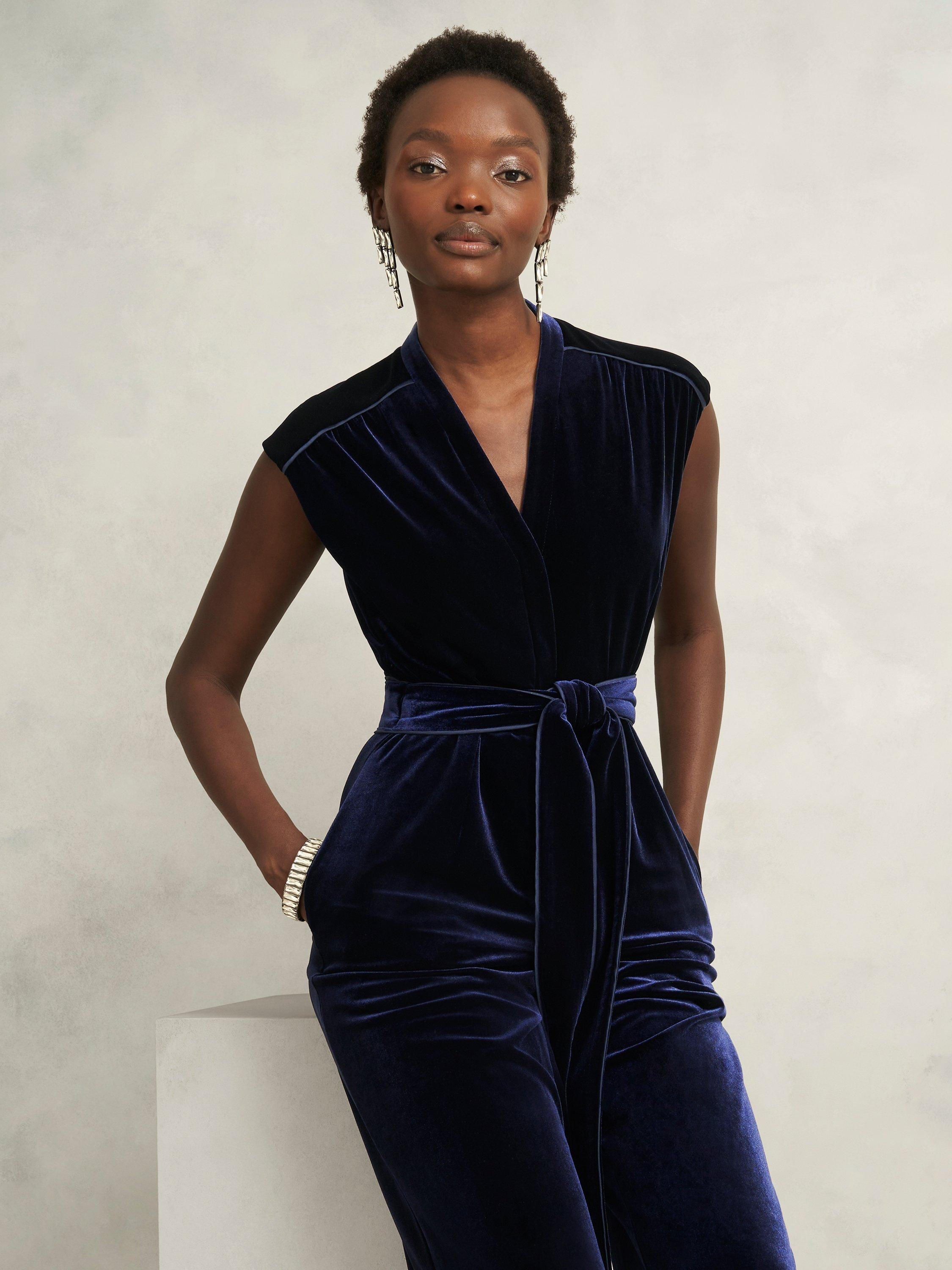Product image 6 of 7, which shows Hobbs Olive Velvet Jumpsuit, Midnight Navy, 10