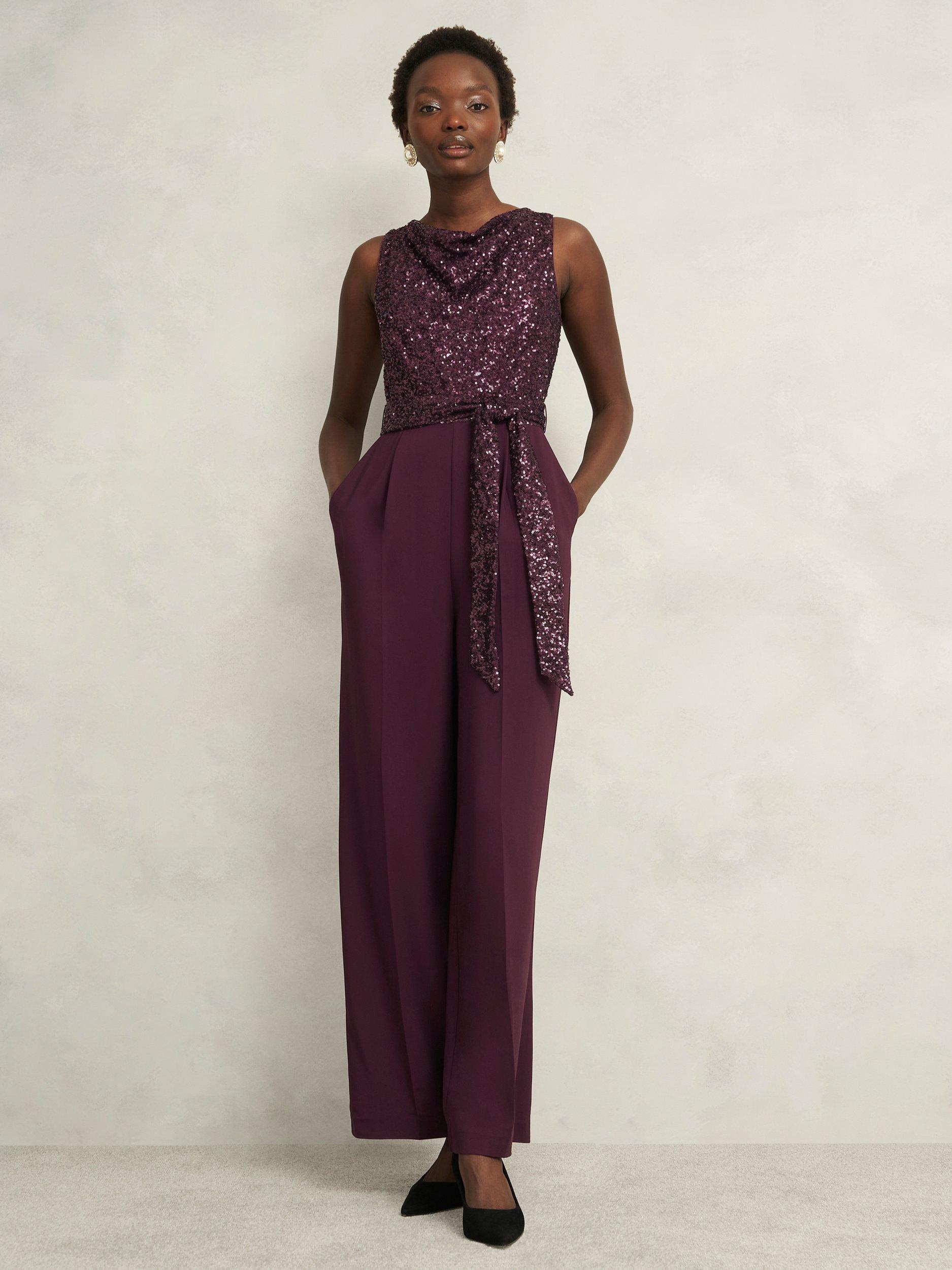 Product image 1 of 7, which shows Hobbs Petite Zuri Sequin Bodice Jumpsuit, Onyx Red, 10