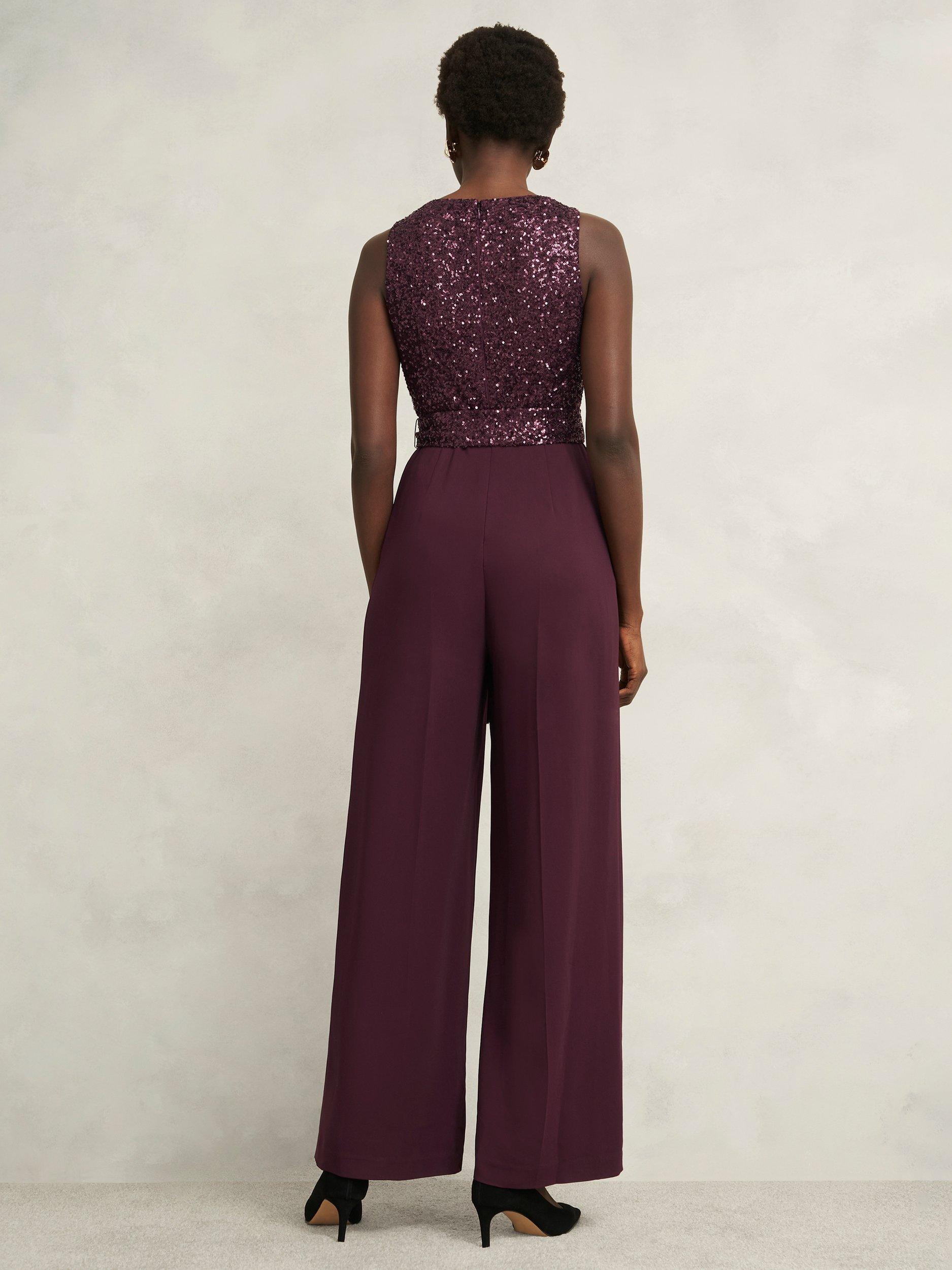 Product image 2 of 7, which shows Hobbs Petite Zuri Sequin Bodice Jumpsuit, Onyx Red, 10