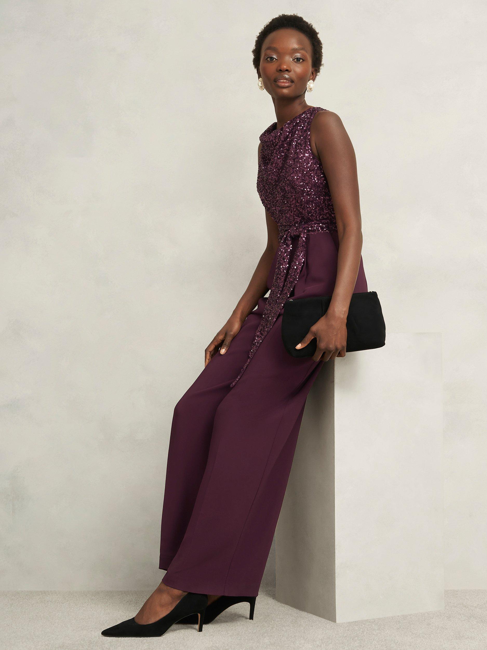 Product image 7 of 7, which shows Hobbs Petite Zuri Sequin Bodice Jumpsuit, Onyx Red, 10