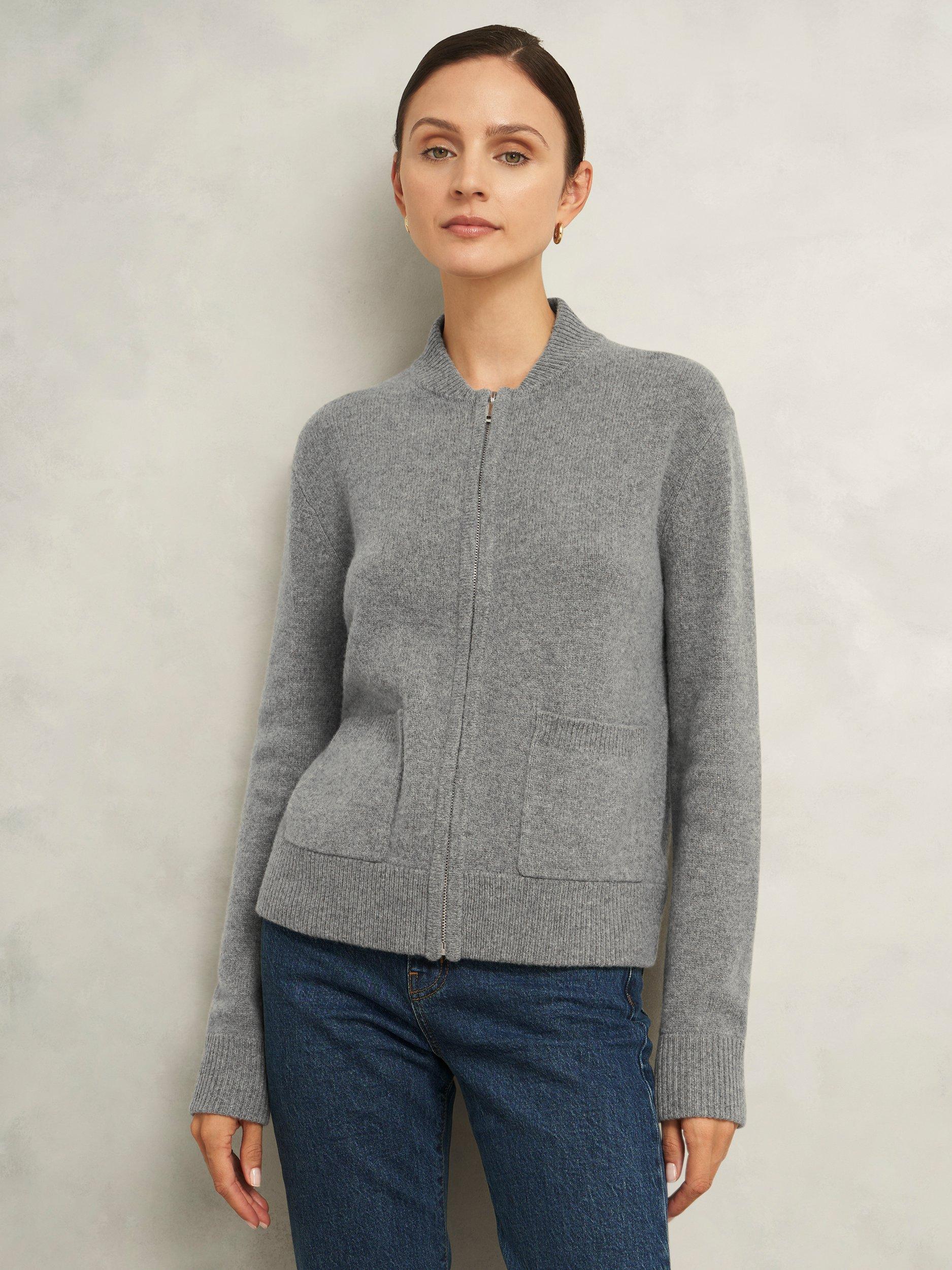 Product image 1 of 7, which shows Hobbs Bonnie Knitted Bomber Jacket, Mid Grey Marl, L