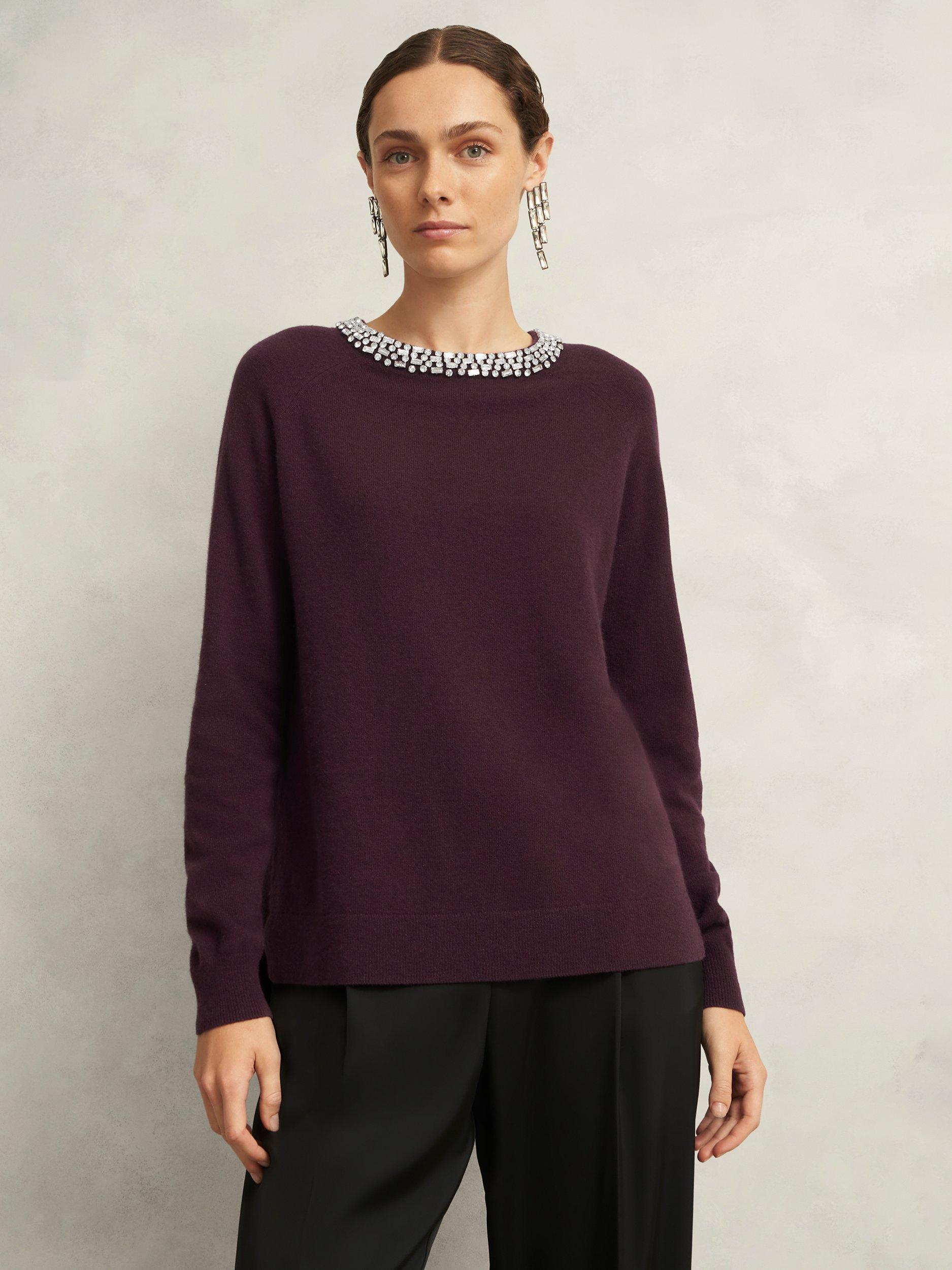 Product image 1 of 7, which shows Hobbs Sherry Embellished Jumper, Malbec Purple, S