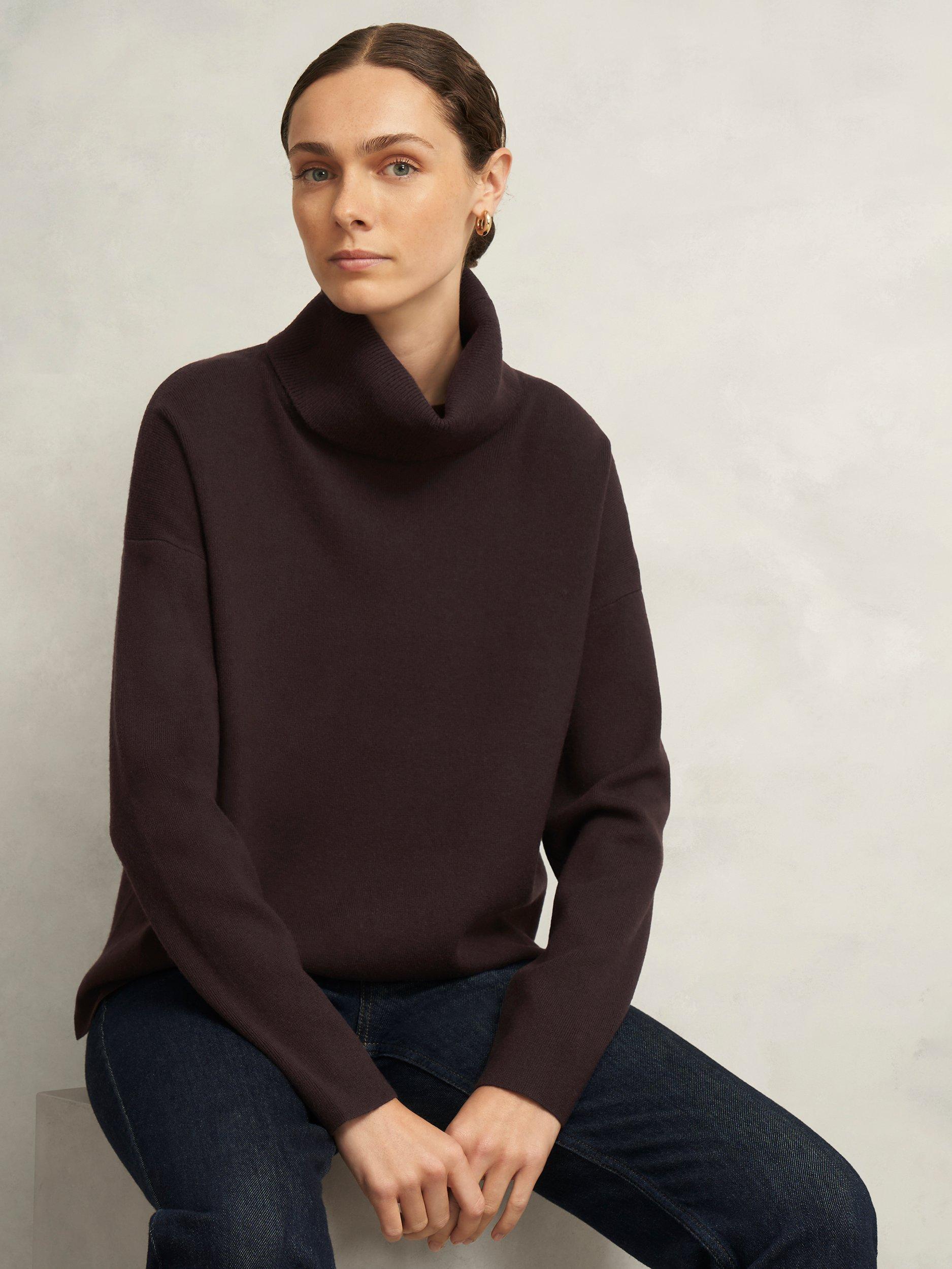 Product image 1 of 6, which shows Hobbs Yvette Roll Neck Jumper, Alder Brown, L