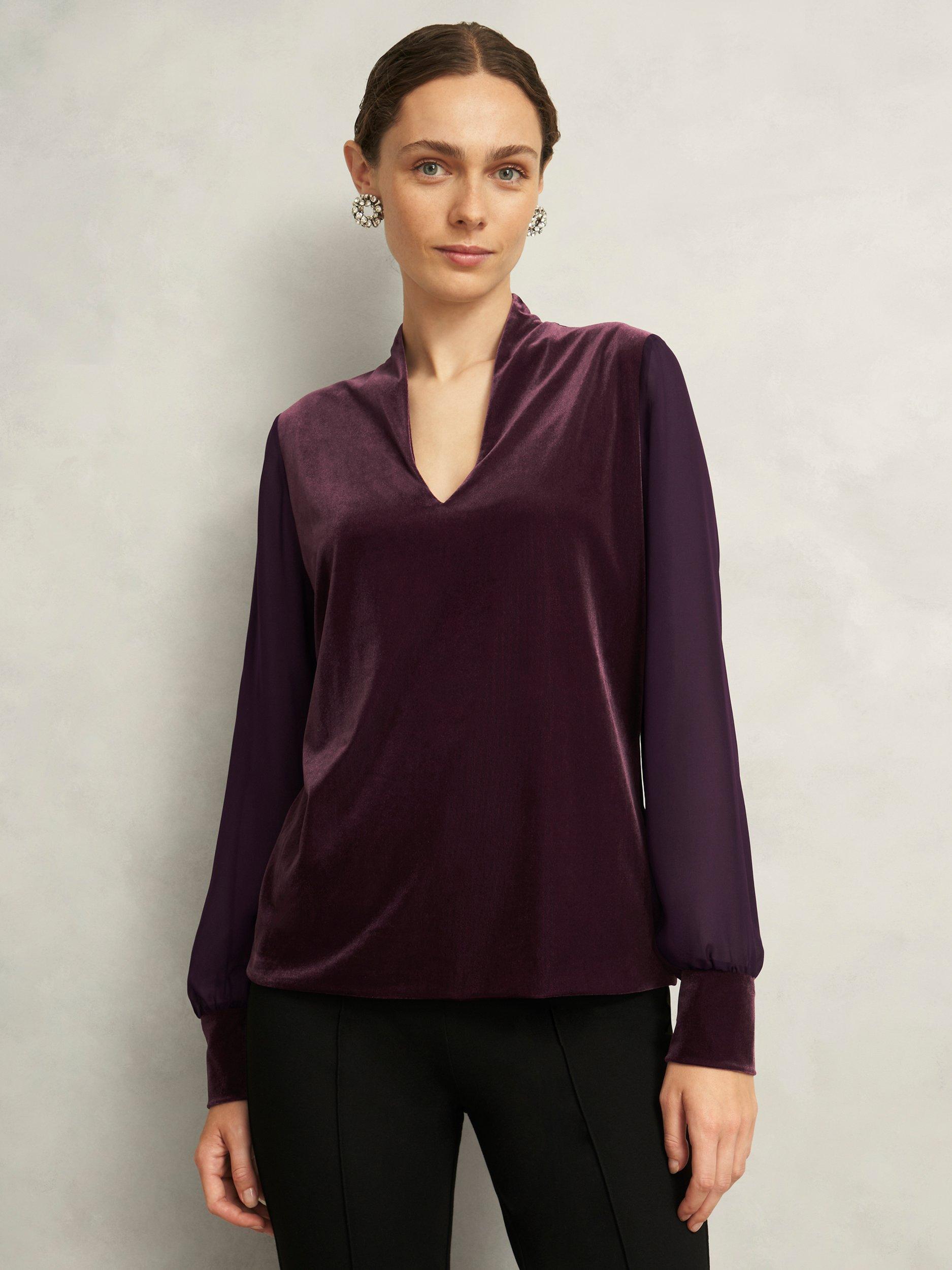 Product image 1 of 7, which shows Hobbs Aimee Velvet Top, Malbec Purple, L
