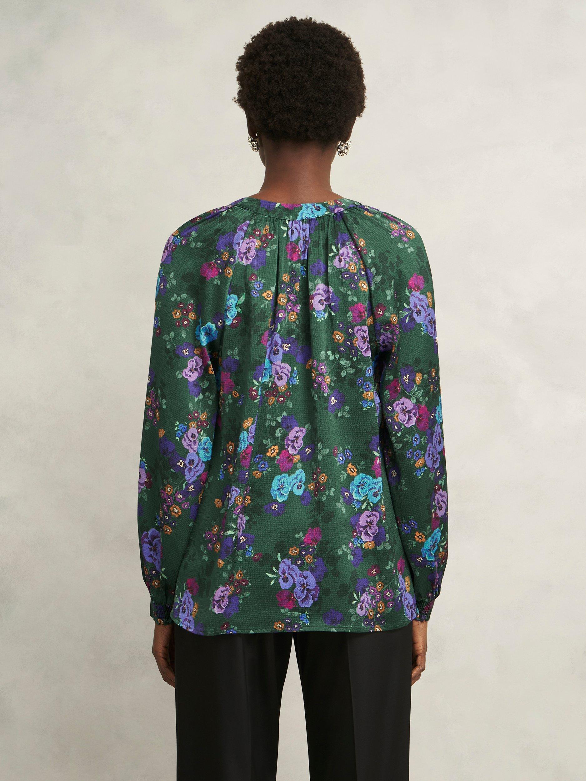 Product image 2 of 6, which shows Hobbs Edna Floral Satin Top, Green/Multi, 10
