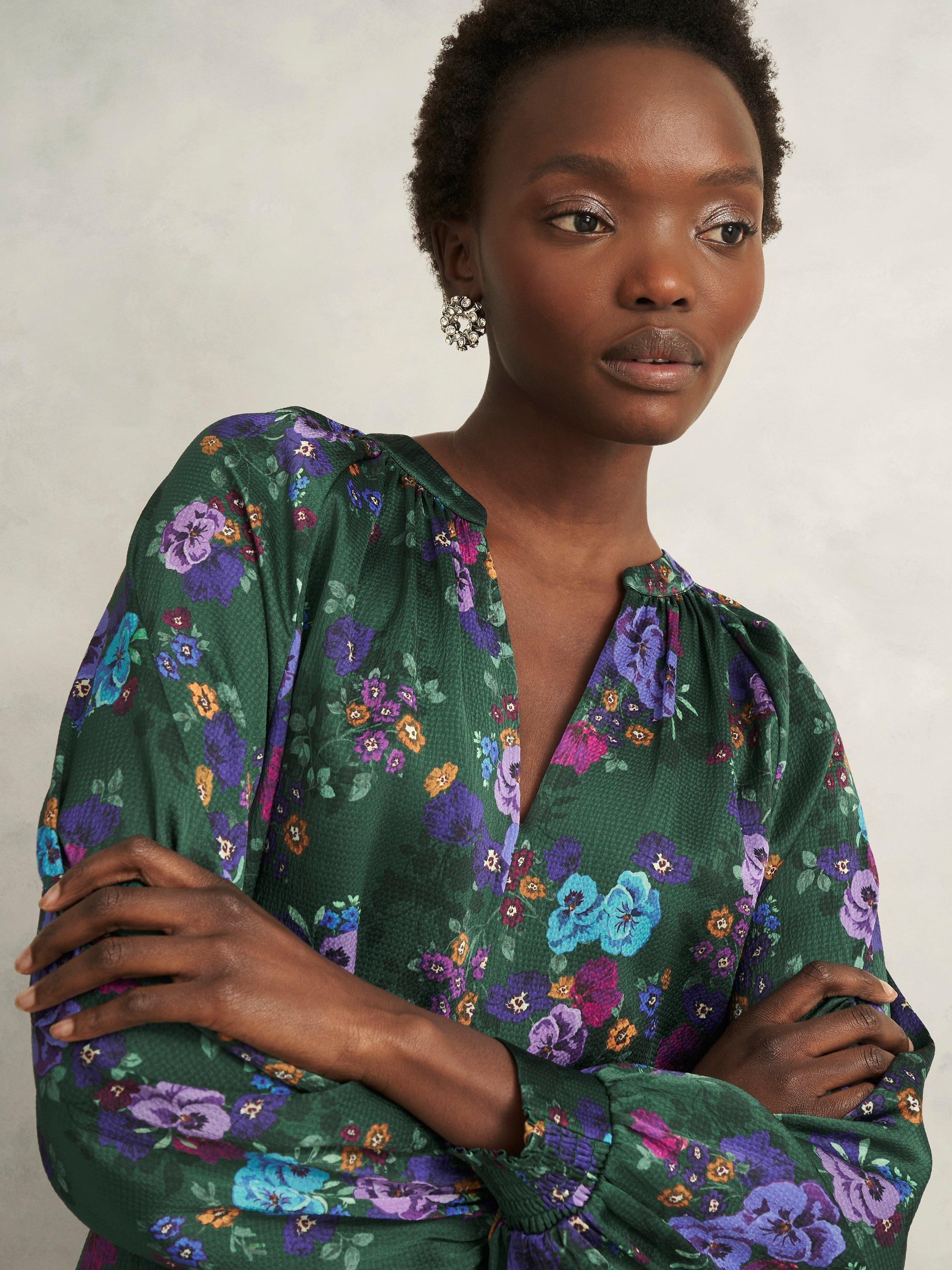 Product image 3 of 6, which shows Hobbs Edna Floral Satin Top, Green/Multi, 10