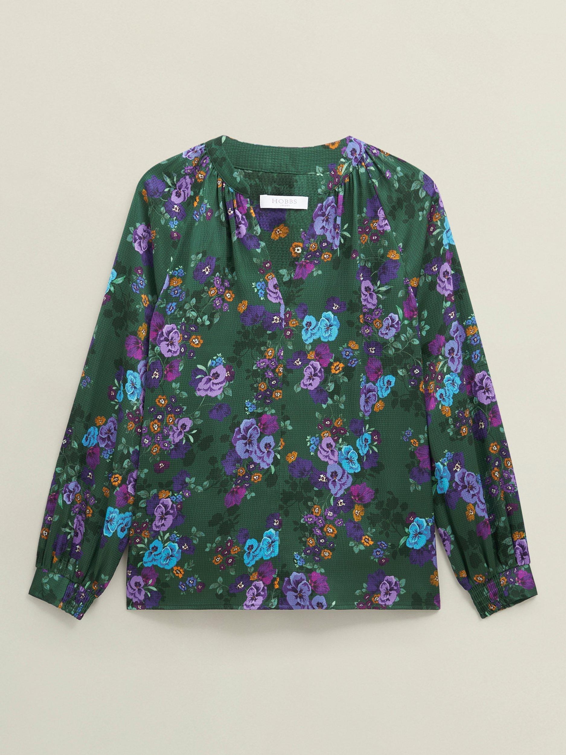 Product image 4 of 6, which shows Hobbs Edna Floral Satin Top, Green/Multi, 10