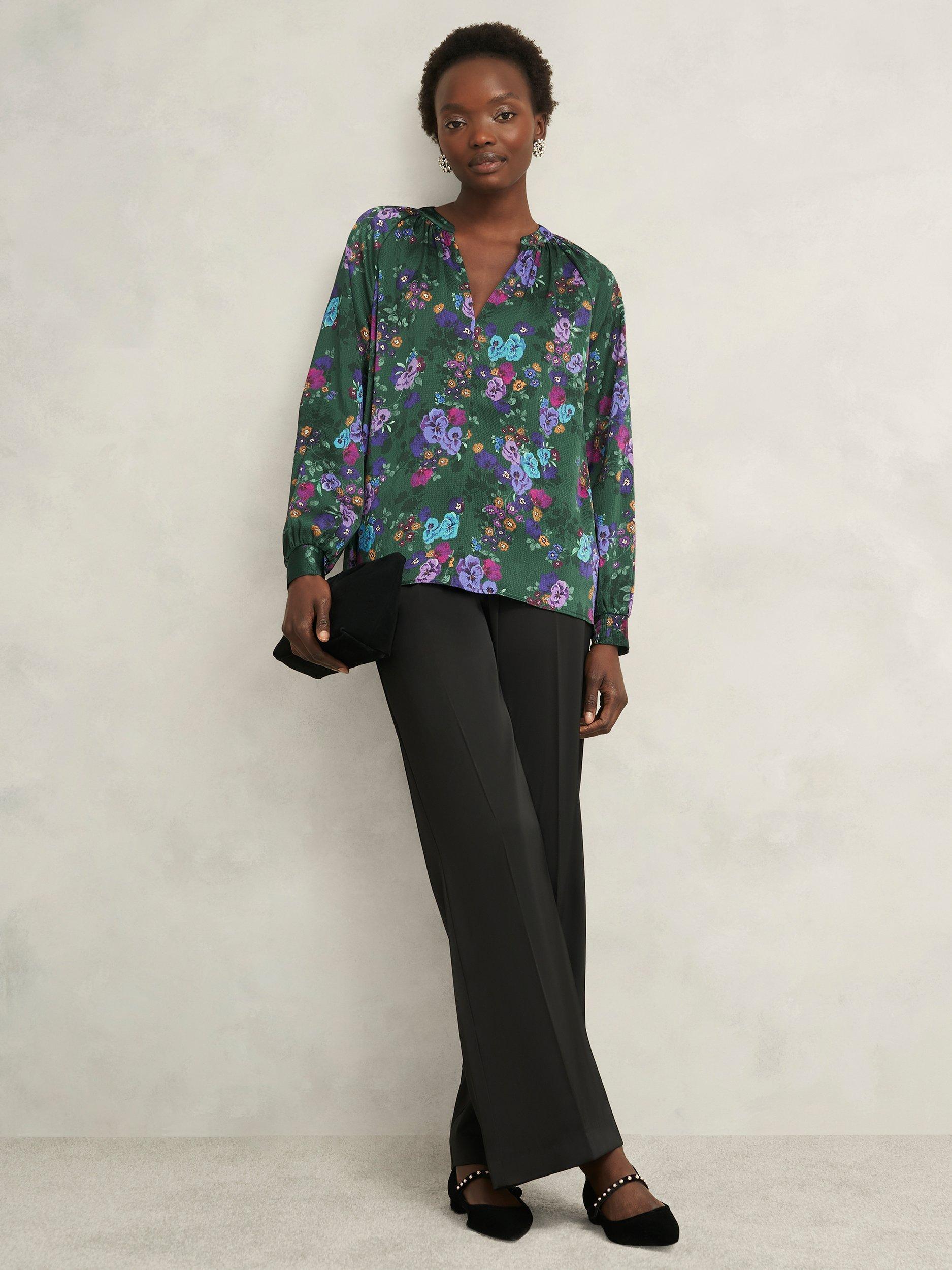Product image 5 of 6, which shows Hobbs Edna Floral Satin Top, Green/Multi, 10