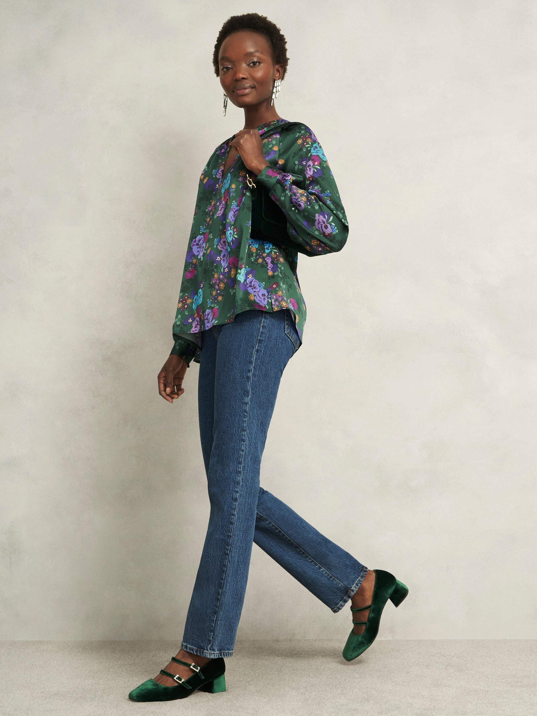 Product image 6 of 6, which shows Hobbs Edna Floral Satin Top, Green/Multi, 10