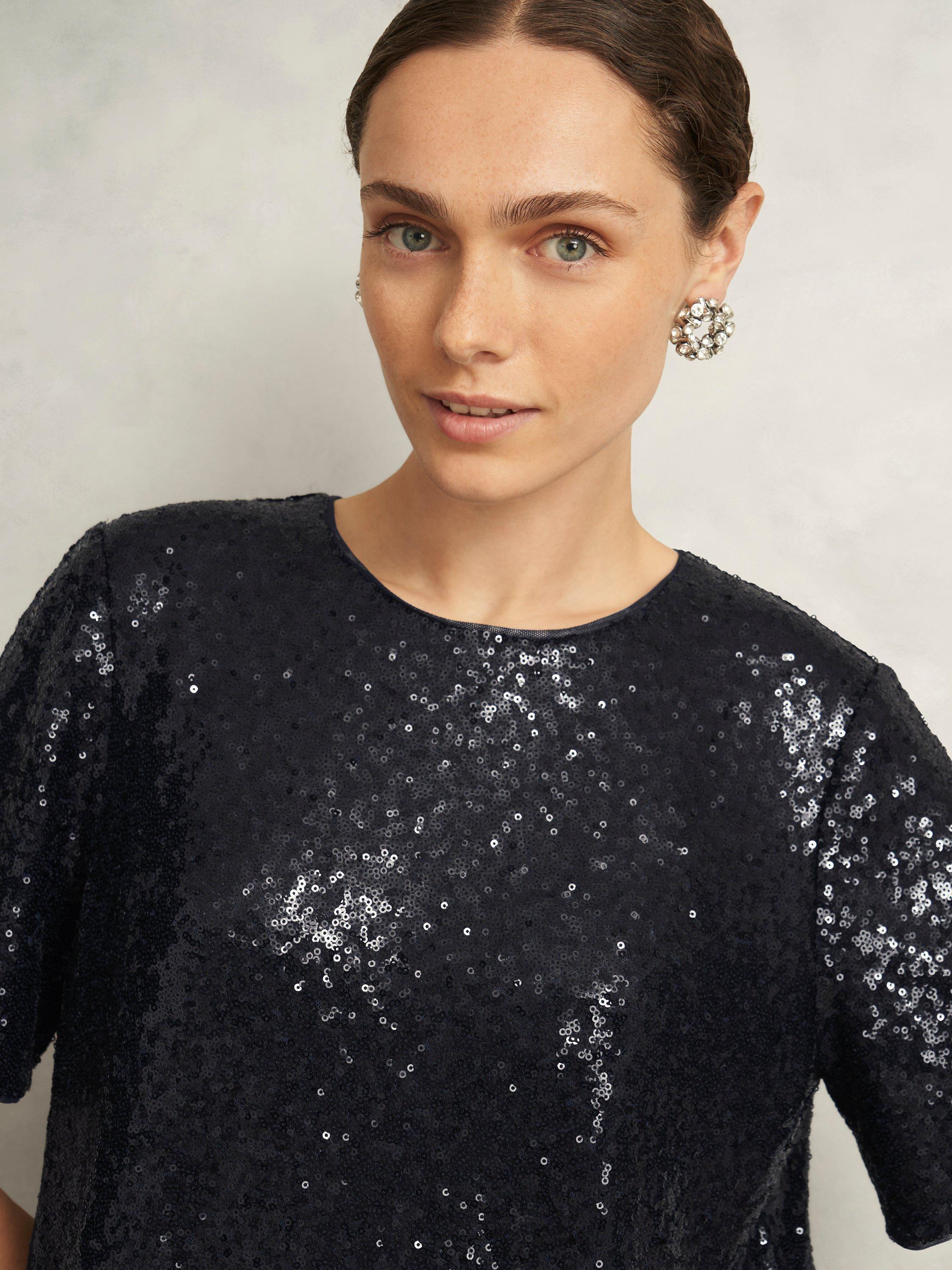 Product image 3 of 7, which shows Hobbs Lilibet Short Sleeve Sequin Top, Navy, L