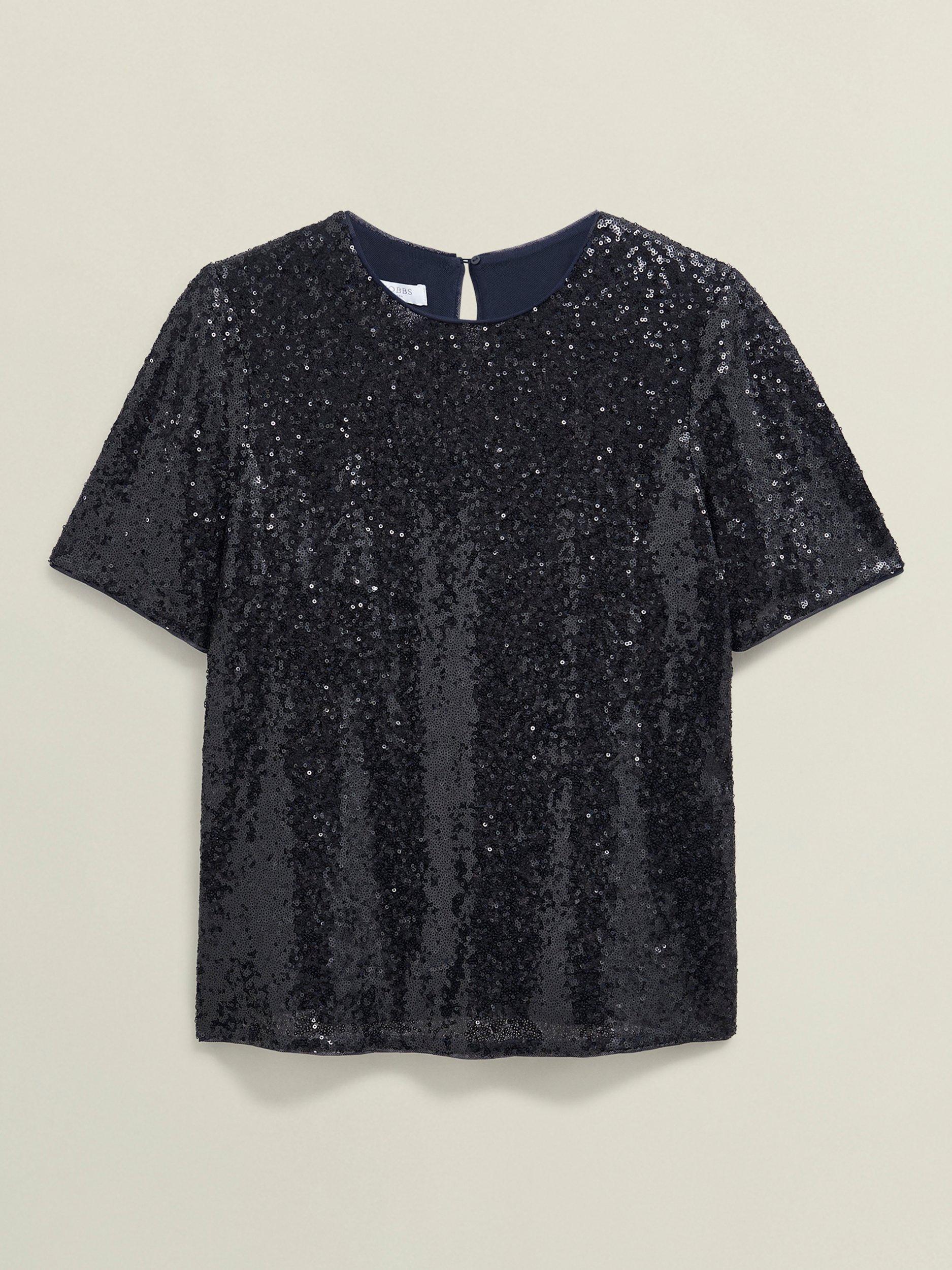 Product image 4 of 7, which shows Hobbs Lilibet Short Sleeve Sequin Top, Navy, L