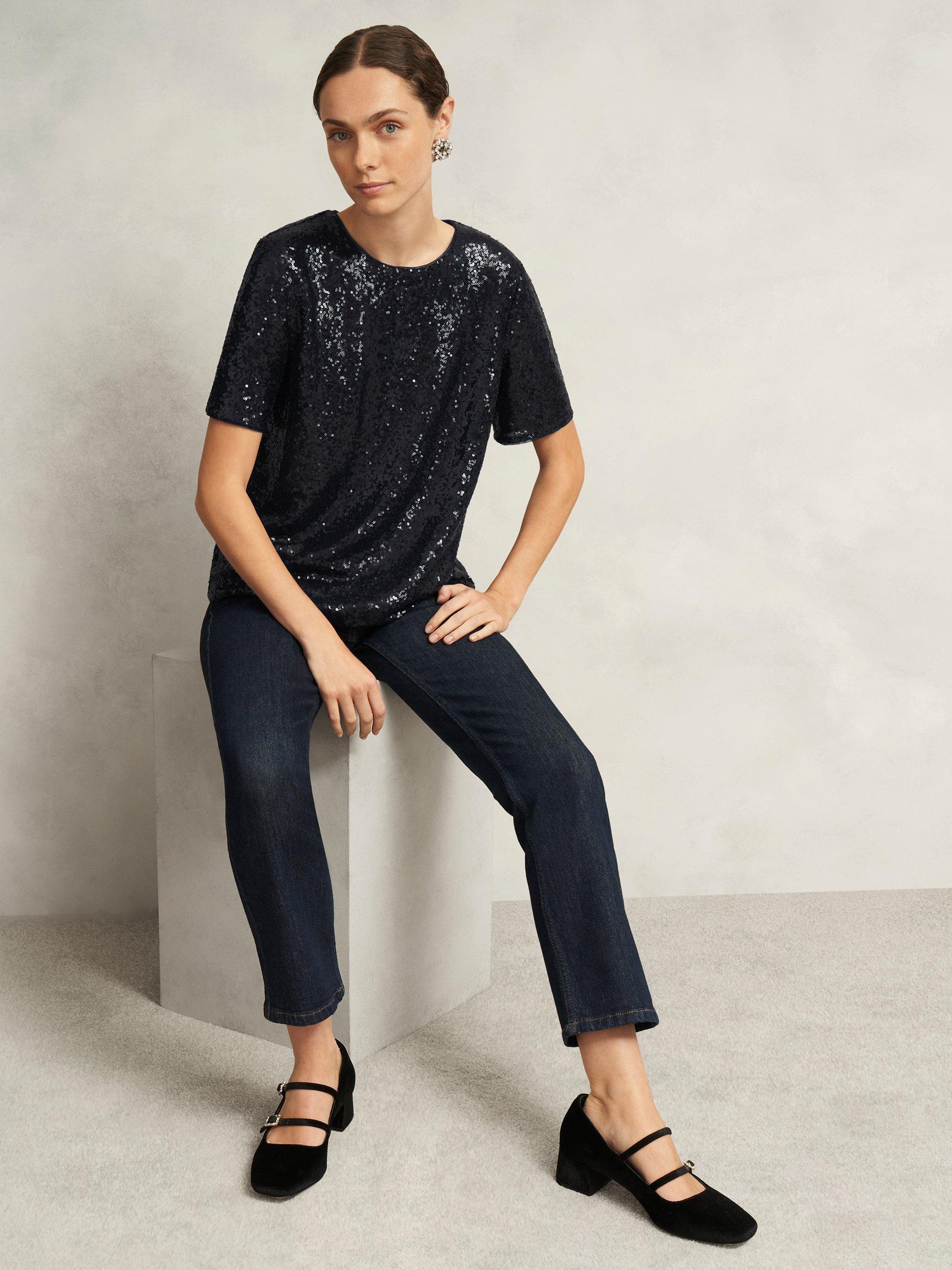 Product image 5 of 7, which shows Hobbs Lilibet Short Sleeve Sequin Top, Navy, L