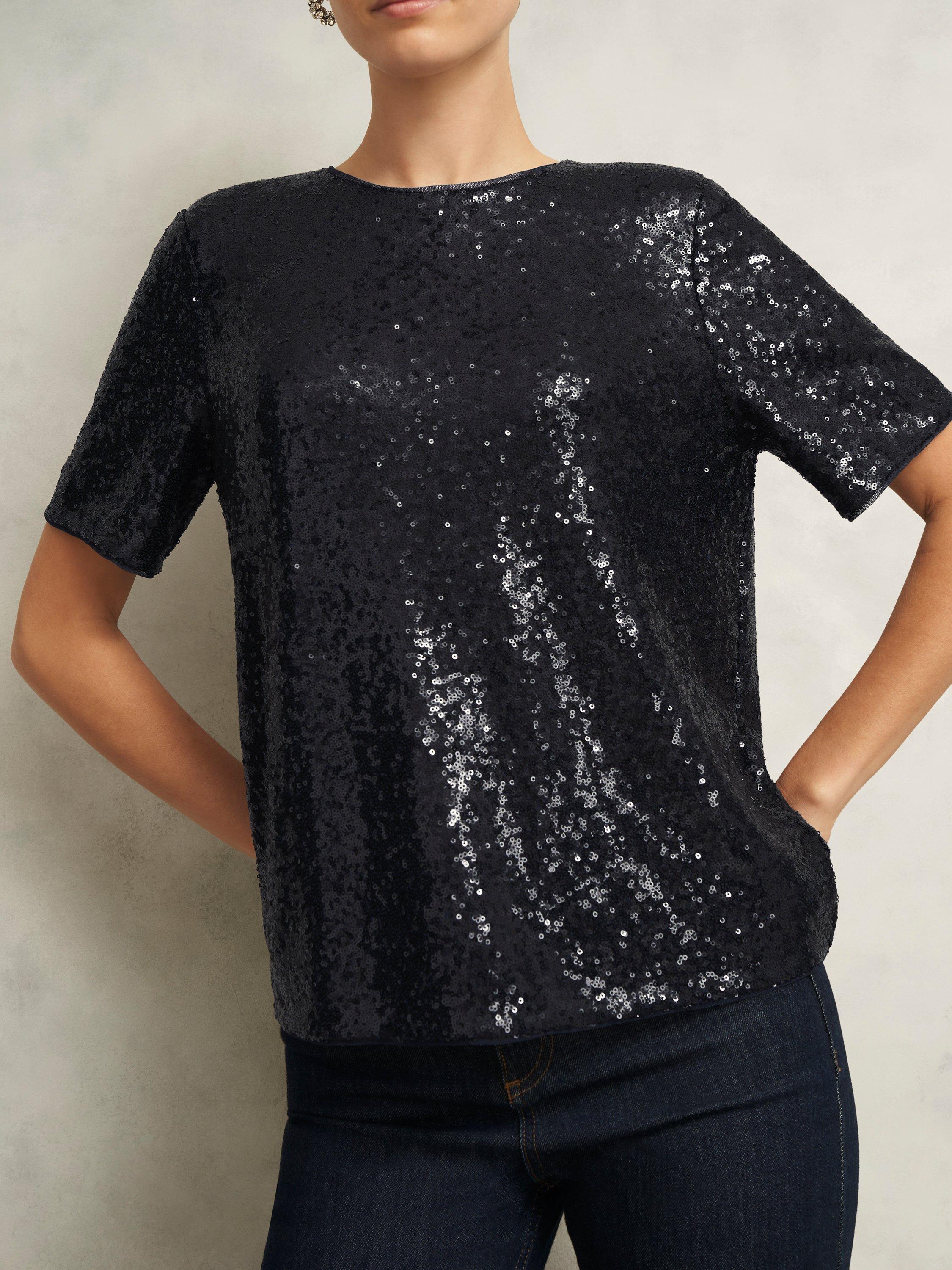 Product image 6 of 7, which shows Hobbs Lilibet Short Sleeve Sequin Top, Navy, L