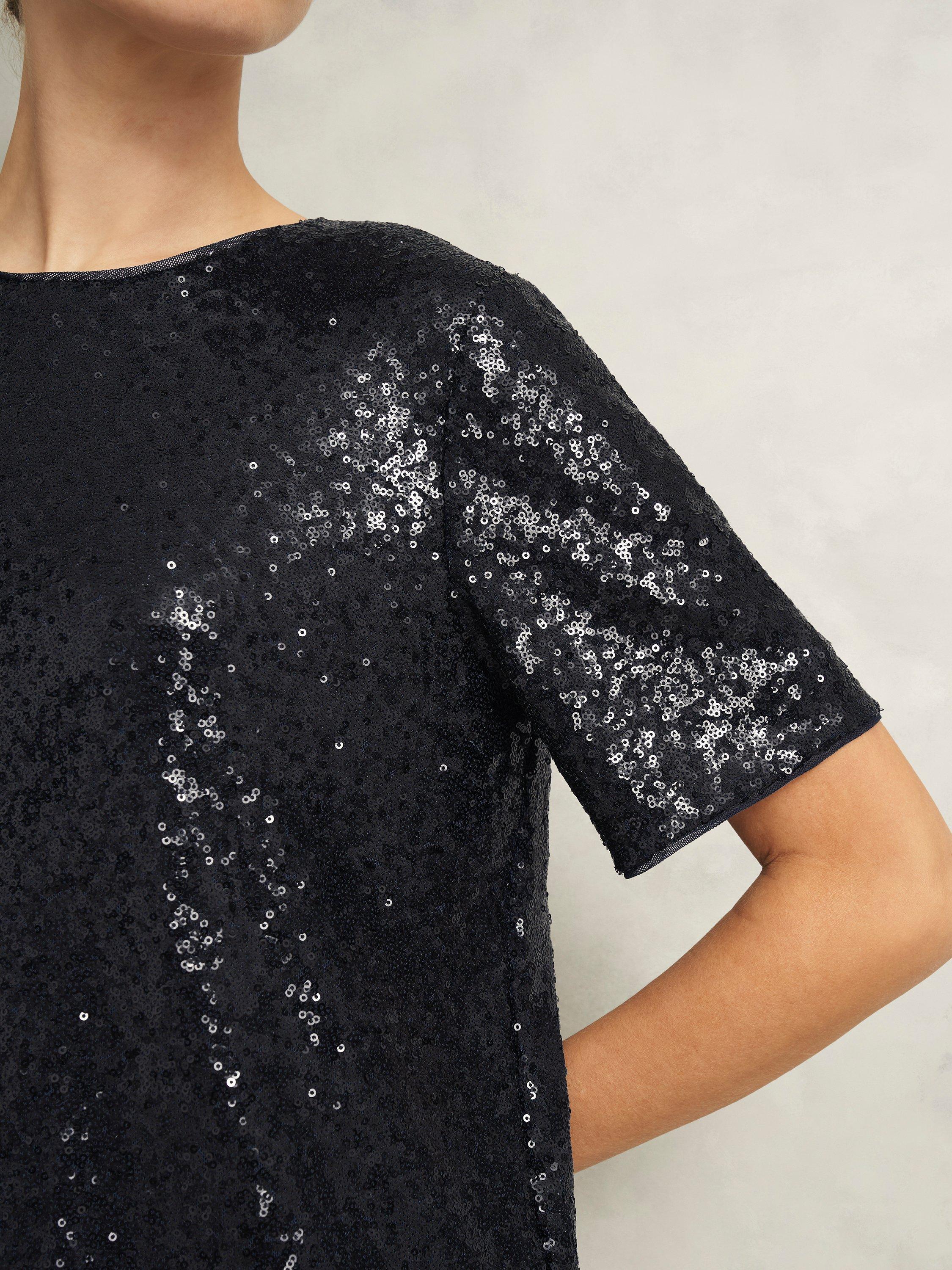 Product image 7 of 7, which shows Hobbs Lilibet Short Sleeve Sequin Top, Navy, L