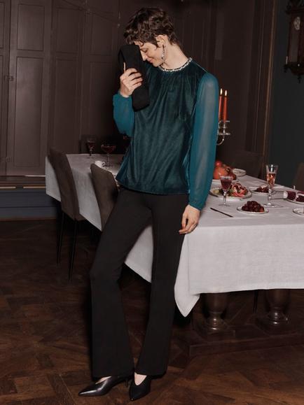 Hobbs Tallulah Velvet Long Sleeve Top, Evergreen, Evergreen
