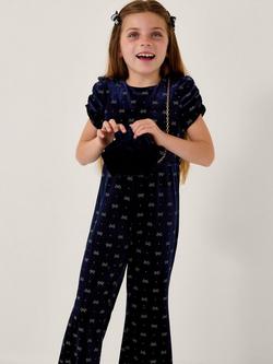 Monsoon Kids' Bow Embellished Velvet Flare Jumpsuit, Navy, Navy