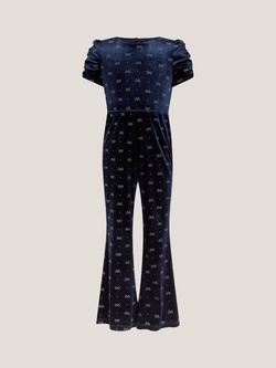Monsoon Kids' Bow Embellished Velvet Flare Jumpsuit, Navy - view 2, Navy