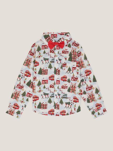 Monsoon Kids' Cotton Long Sleeved Christmas Print Shirt, Ivory, Ivory