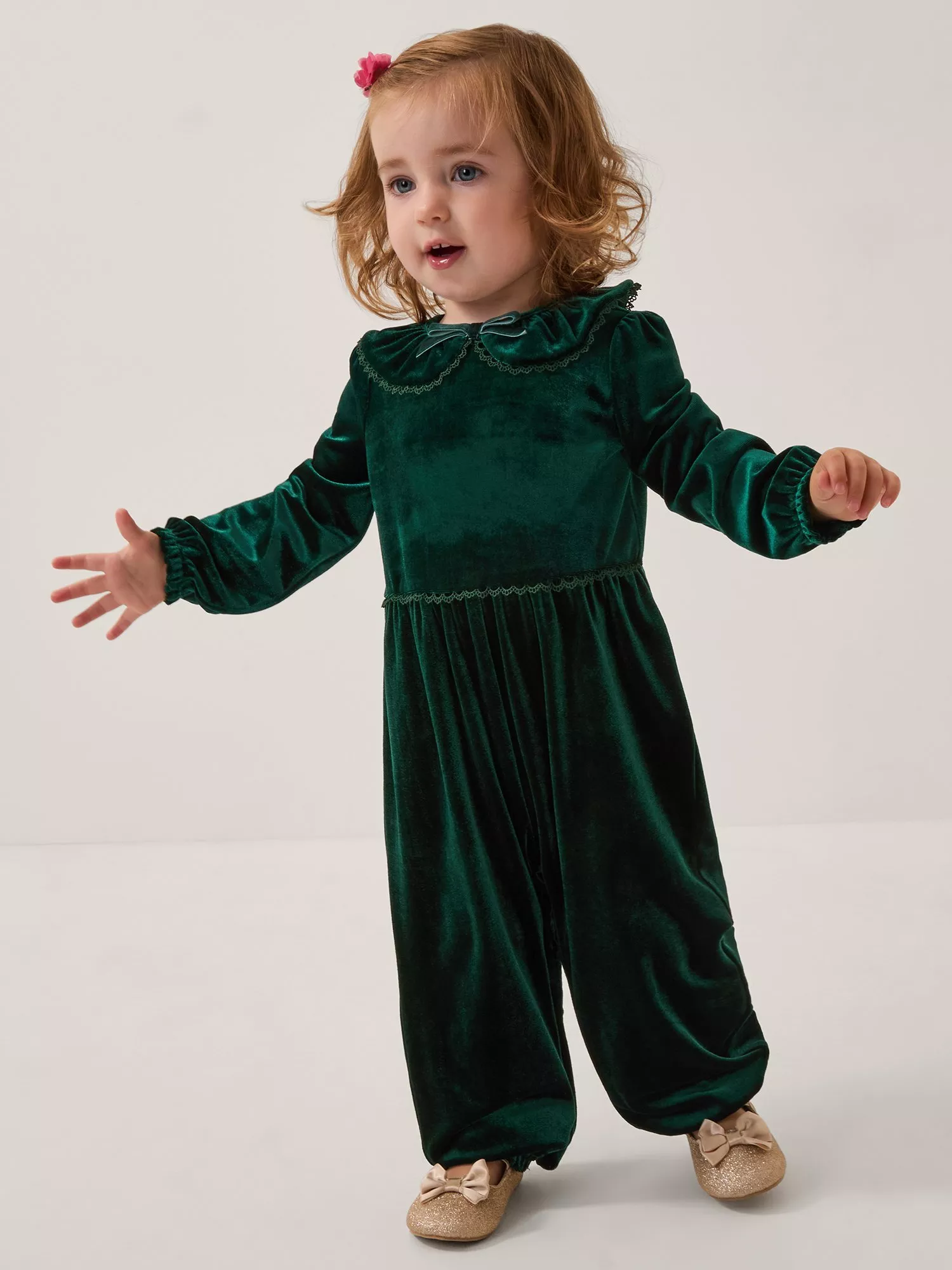 Monsoon Baby Larisa Velvet Romper, Green