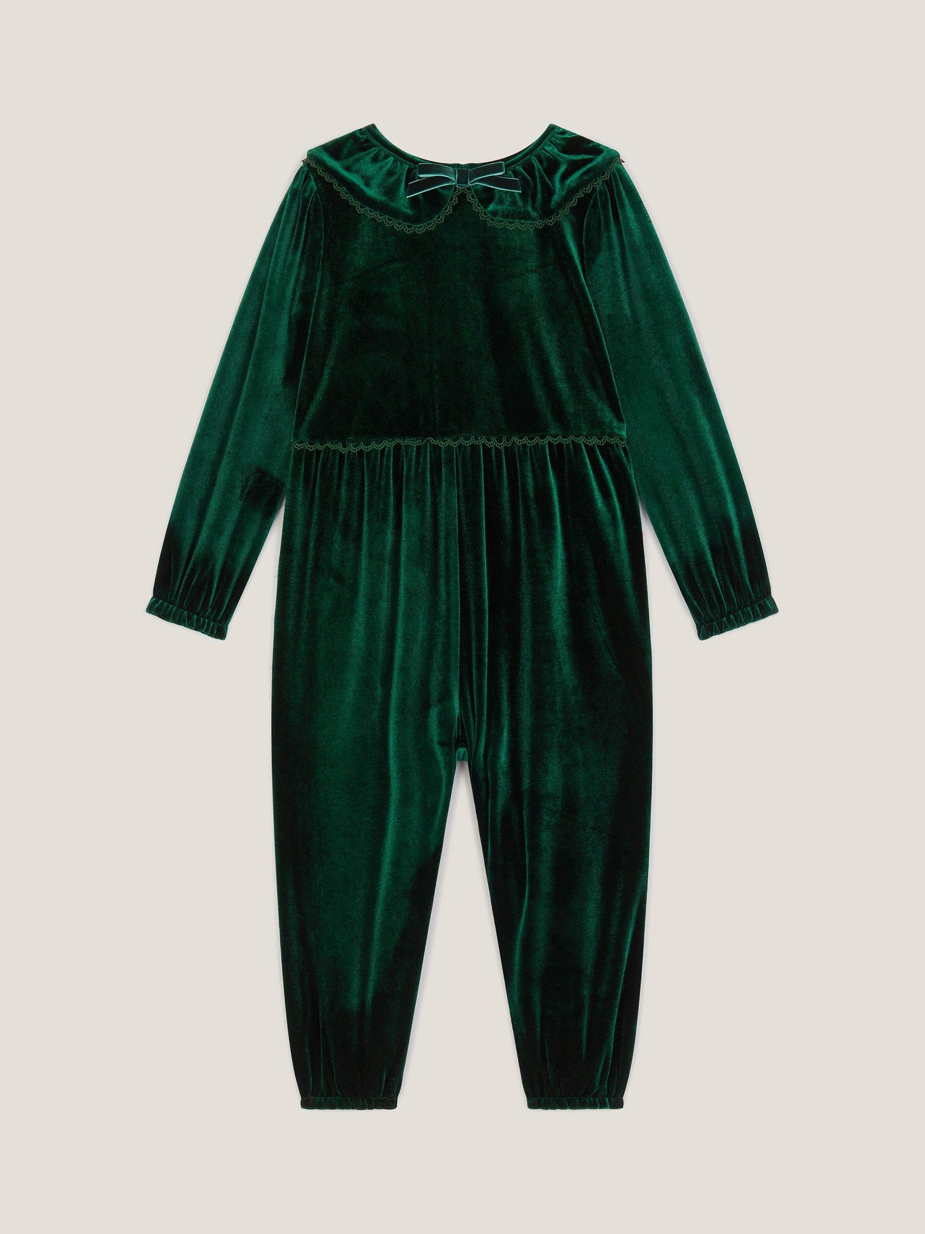Product image 2 of 4, which shows Monsoon Baby Larisa Velvet Romper, Green, 0-3 months