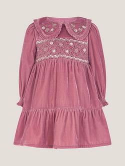 Monsoon Baby Daphne Tiered Velvet Dress, Pink, Pink