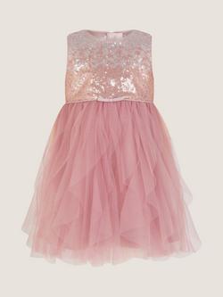 Monsoon Baby Sleeveless Sequin Ruffle Dress, Dusky Pink - view 2, Dusky Pink