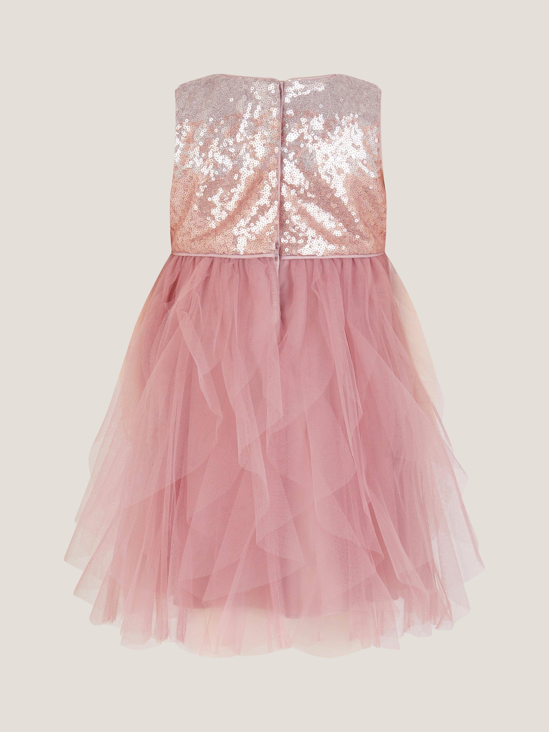 Product image 3 of 4, which shows Monsoon Baby Sleeveless Sequin Ruffle Dress, Dusky Pink, 3-6 months
