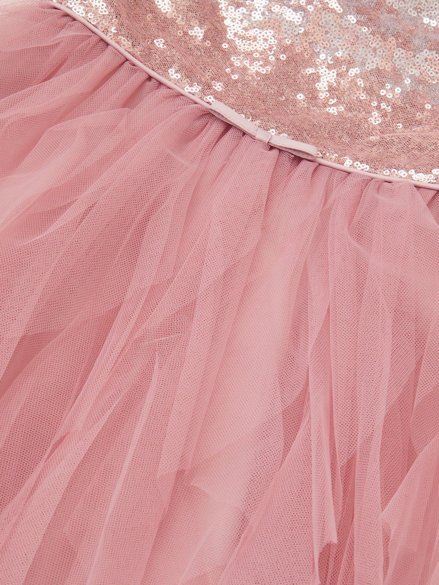 Product image 4 of 4, which shows Monsoon Baby Sleeveless Sequin Ruffle Dress, Dusky Pink, 3-6 months