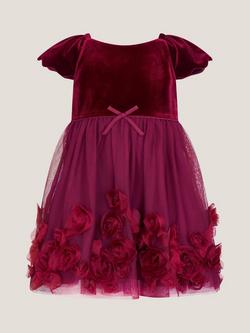 Monsoon Baby Scallop Estella Short Sleeved Dress, Burgundy - view 2, Burgundy