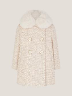 Monsoon Baby Tweed Faux Fur Collar Coat, Cream - view 2, Cream