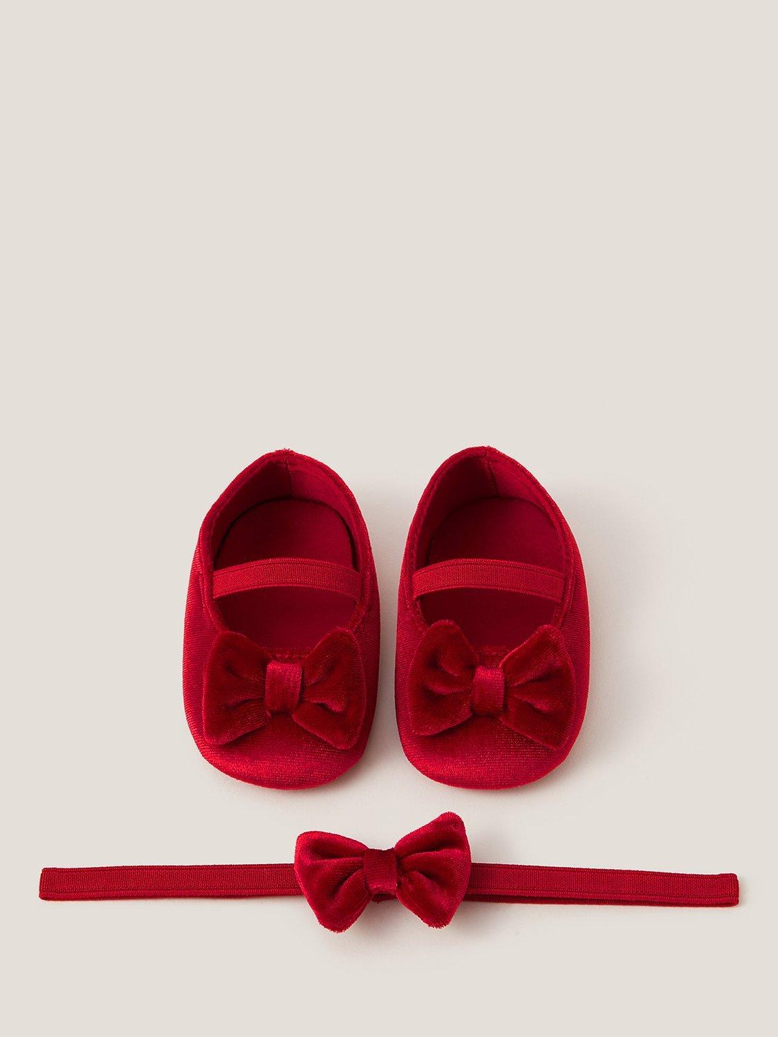 Product image 1 of 3, which shows Monsoon Baby Velvet Bow Headband & Booties Set, Red, 12-18 months