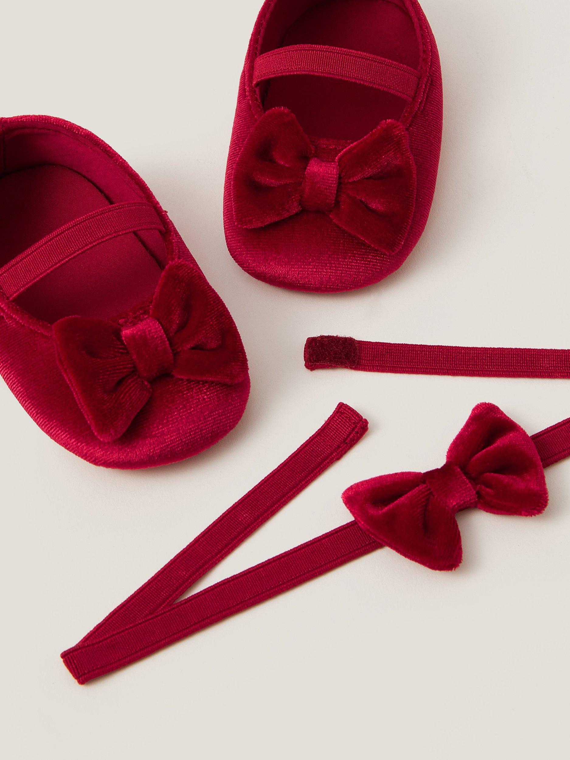 Product image 3 of 3, which shows Monsoon Baby Velvet Bow Headband & Booties Set, Red, 12-18 months