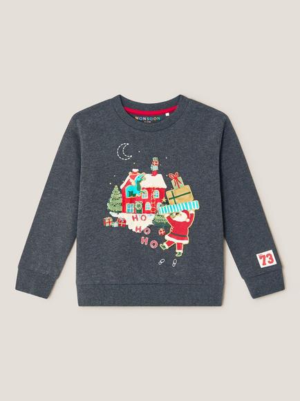 Monsoon Kids' Cotton Christmas Santa Sweatshirt, Charcoal, Charcoal