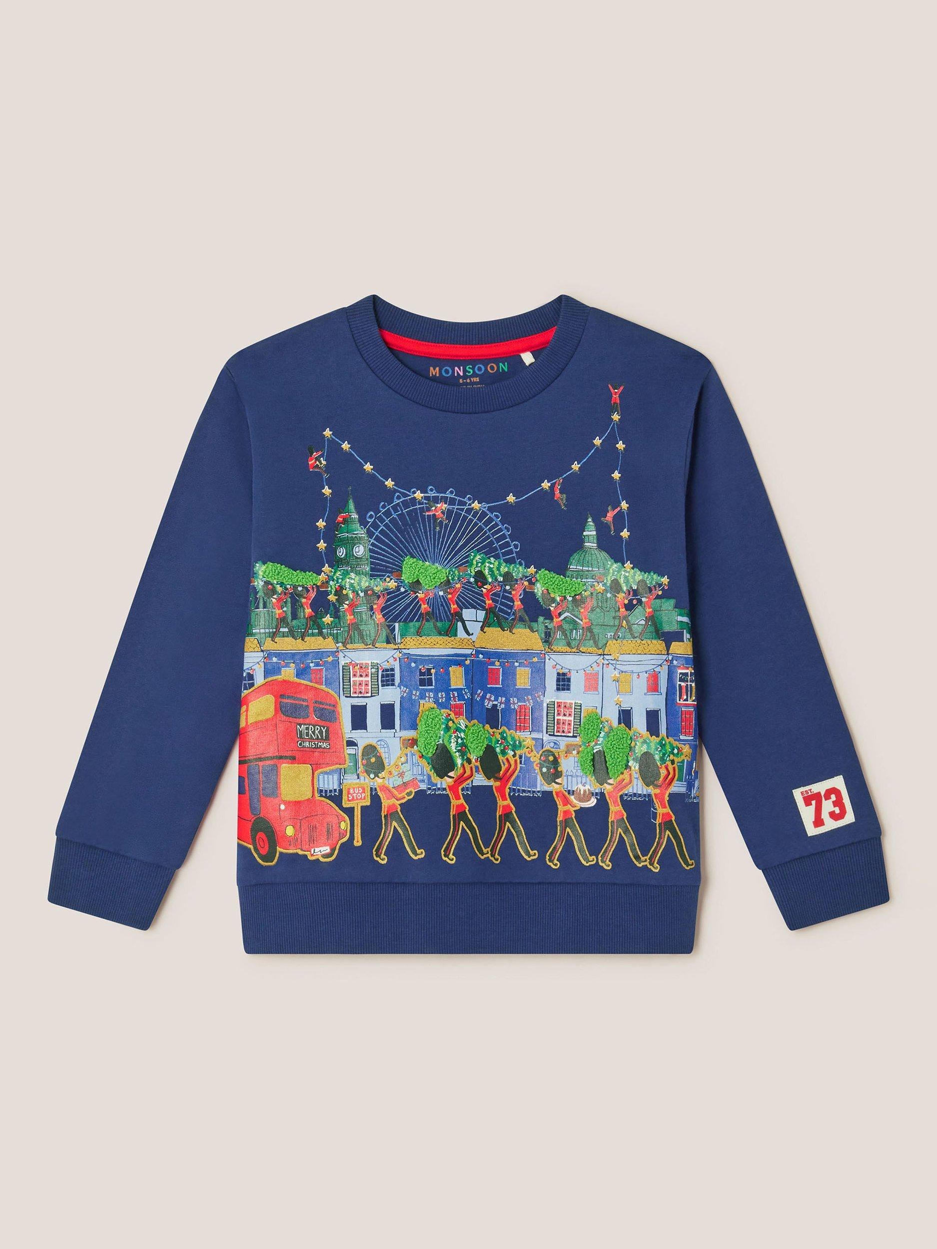 Monsoon Kids' Cotton Christmas Scene Sweatshirt, Blue