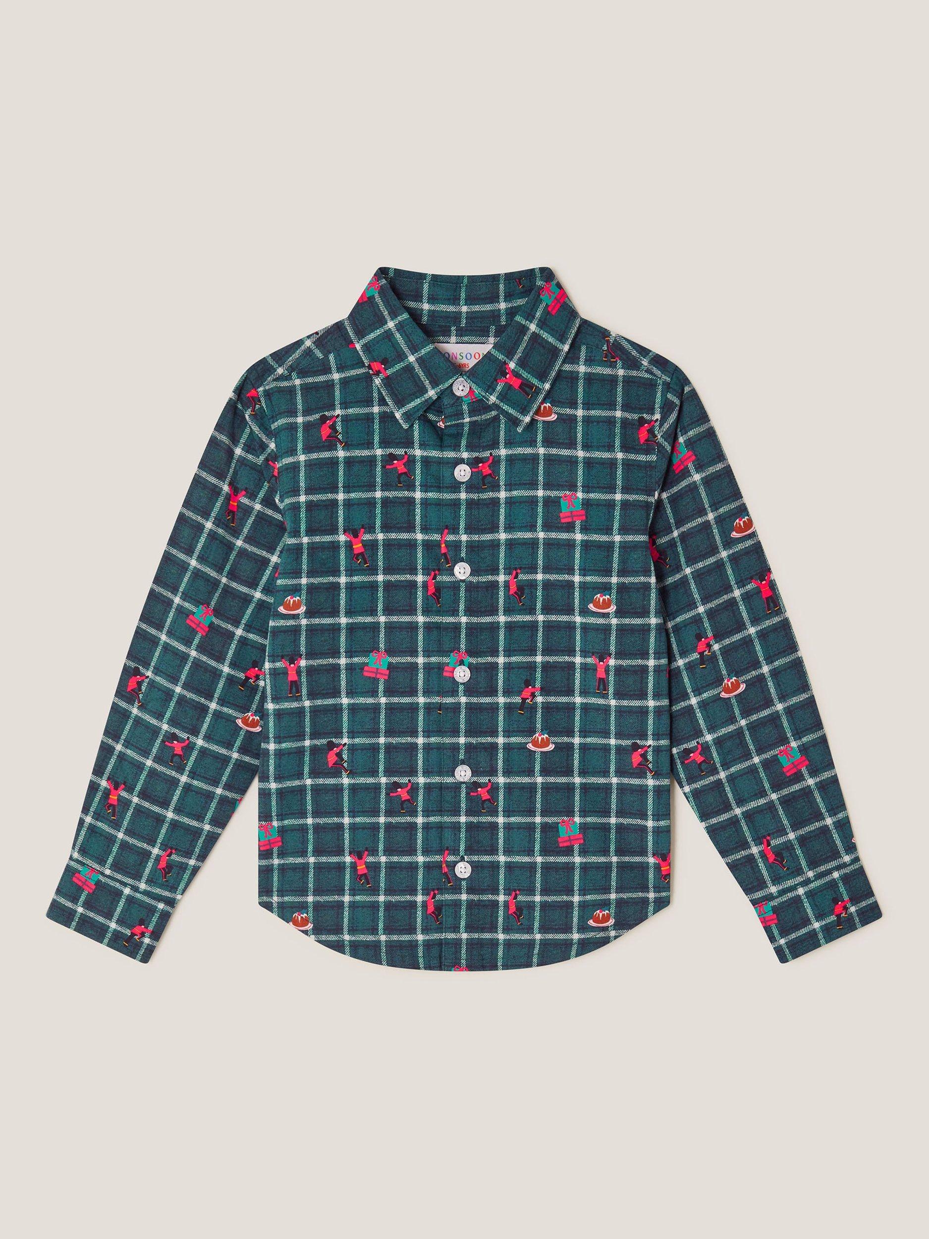Product image 2 of 3, which shows Monsoon Kids' Christmas Check Shirt, Green, 2-3 years