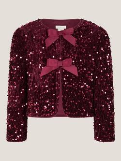 Monsoon Kids' Velvet Sequin Cardigan, Burgundy - view 2, Burgundy