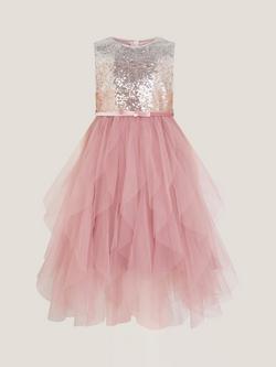 Monsoon Kids' Tulle Sleeveless Ruffle Dress, Dusky Pink - view 2, Dusky Pink
