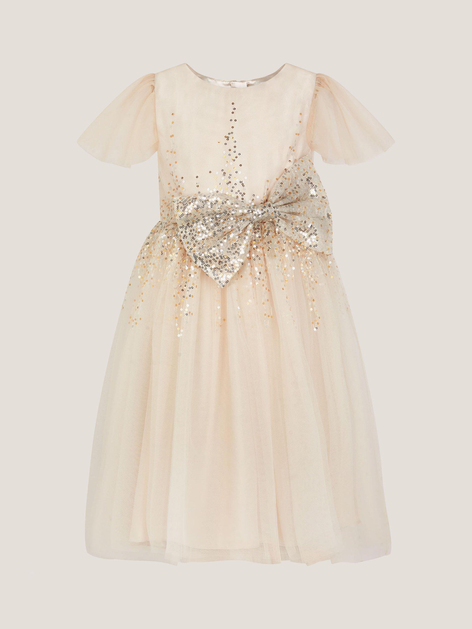 Product image 2 of 4, which shows Monsoon Kids' Samara Short Sleeved Sequin Dress, Gold, 3 years