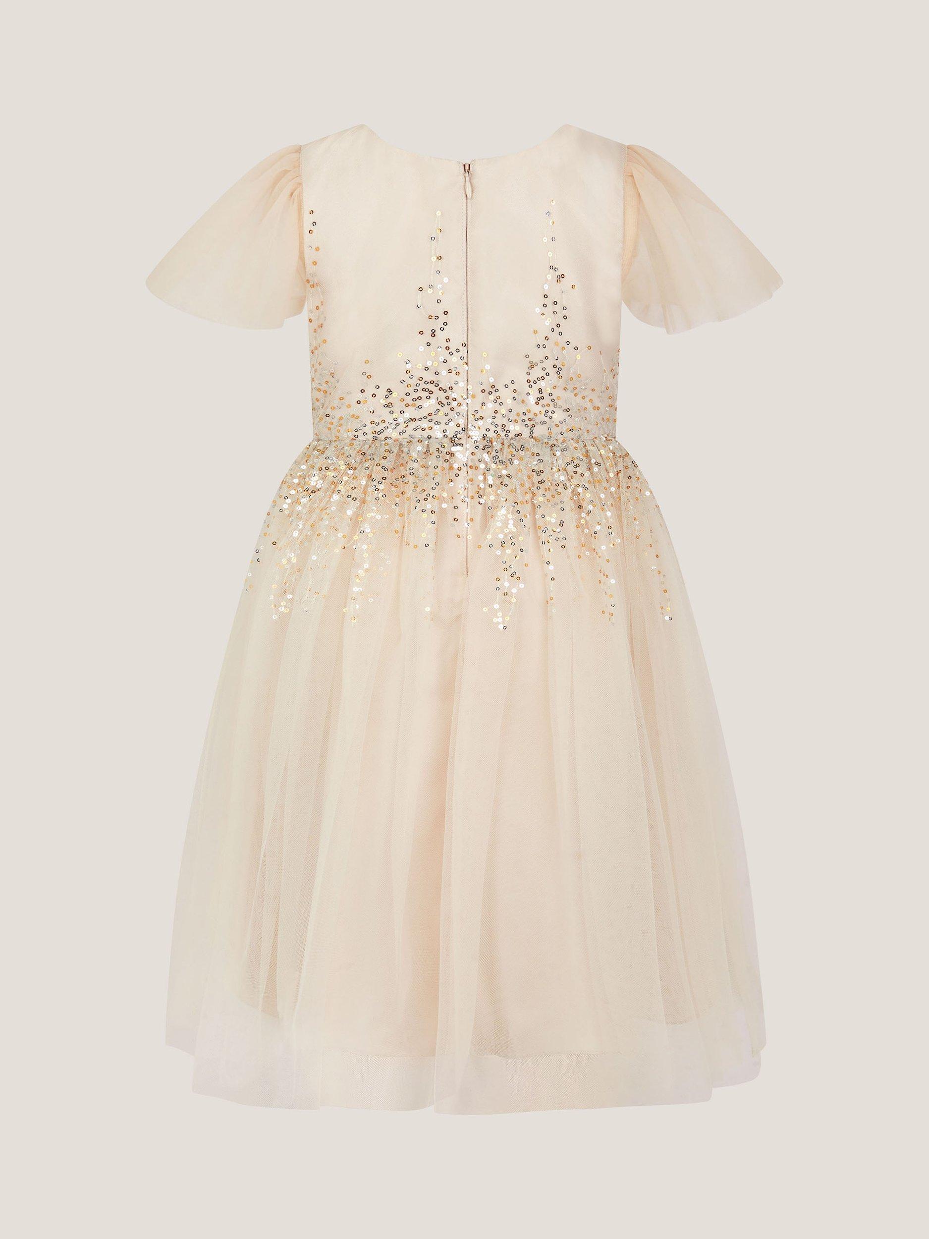 Product image 3 of 4, which shows Monsoon Kids' Samara Short Sleeved Sequin Dress, Gold, 3 years