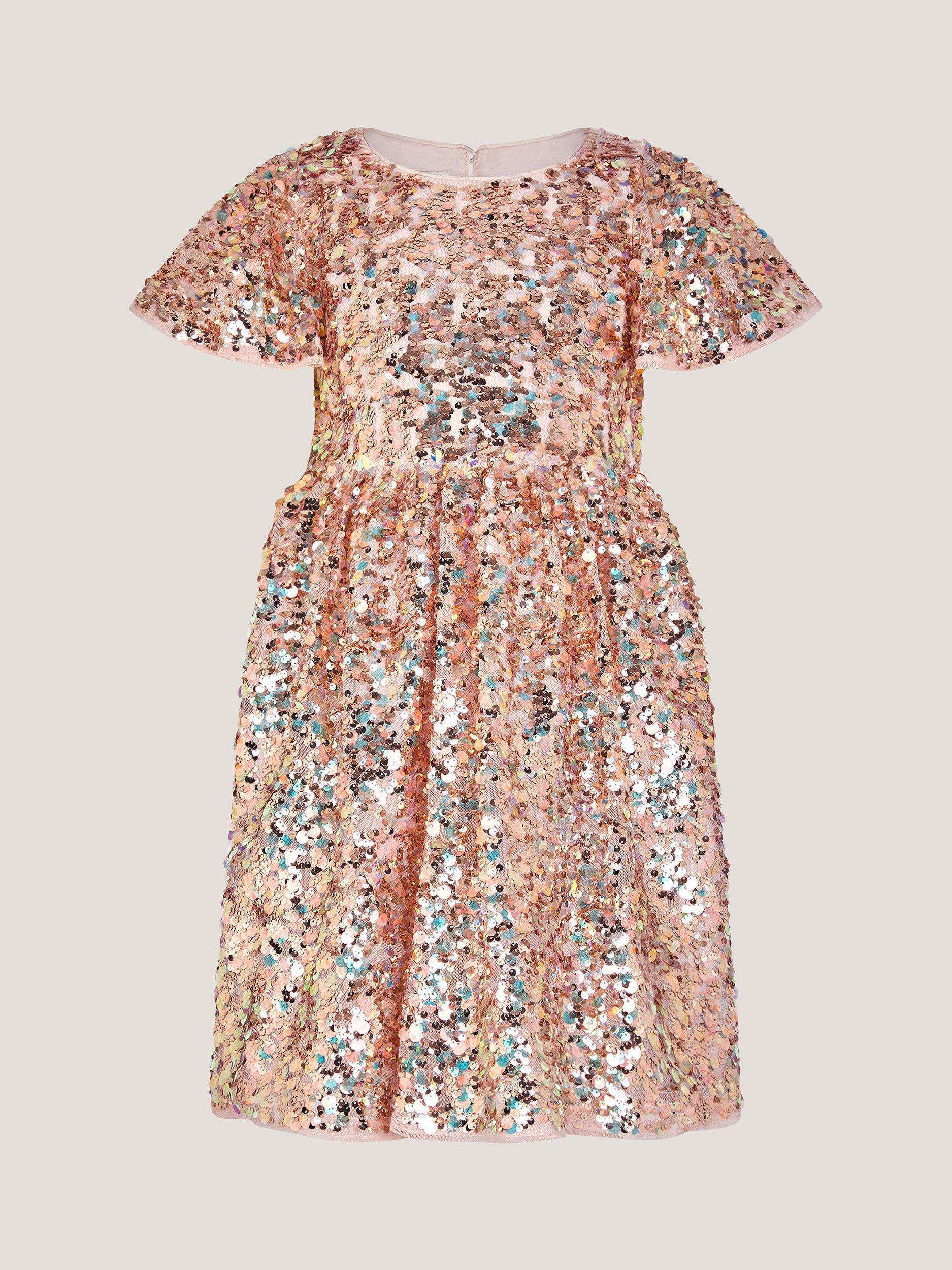 Product image 1 of 3, which shows Monsoon Kids' Sequin Party Dress, Gold, 3 years