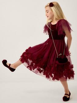 Monsoon Kids' Velvet and Tulle 3D Rose Dress, Burgundy, Burgundy